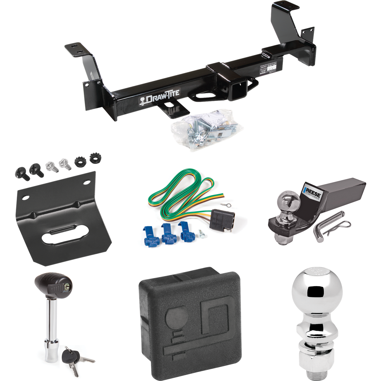 Fits 2002-2007 Buick Rendezvous Trailer Hitch Tow PKG w/ 4-Flat Wiring + Starter Kit Ball Mount w/ 2" Drop & 2" Ball + 2-5/16" Ball + Wiring Bracket + Hitch Lock + Hitch Cover By Draw-Tite