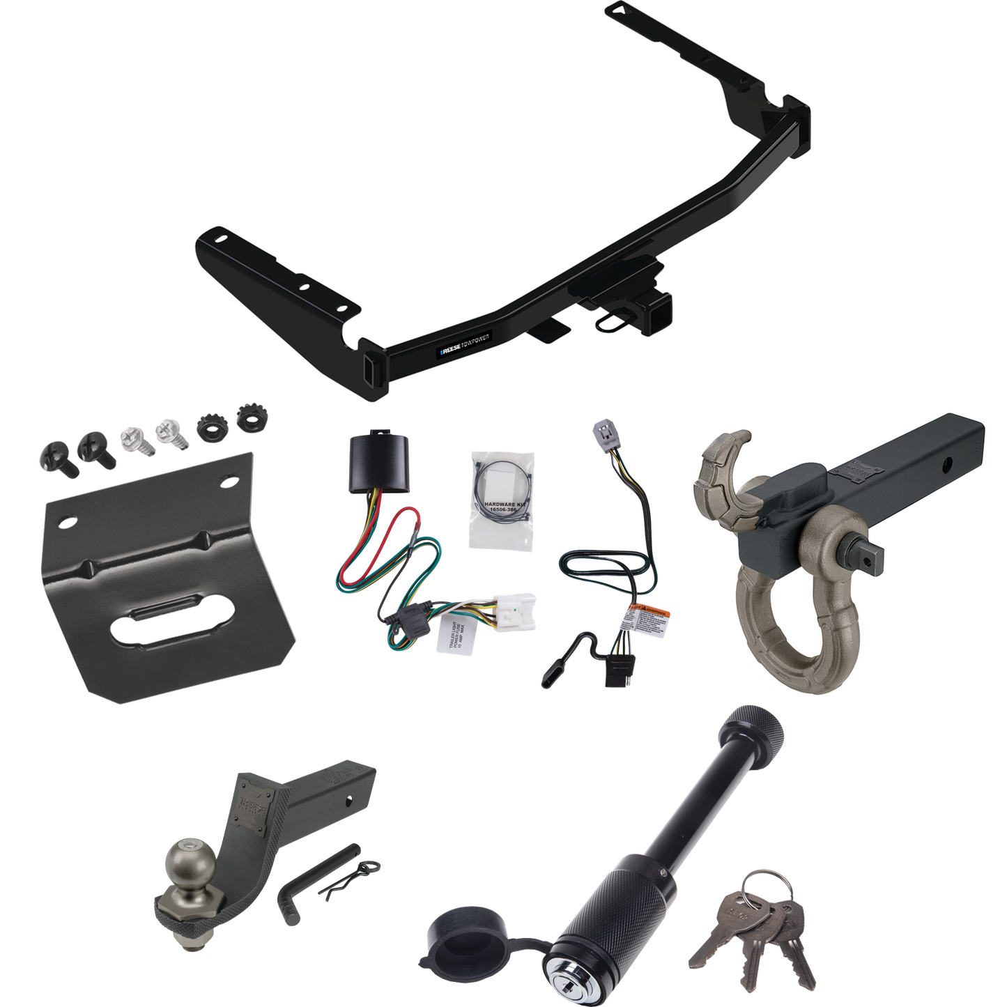 Fits 2020-2023 Toyota Highlander Trailer Hitch Tow PKG w/ 4-Flat Wiring + Interlock Tactical Starter Kit w/ 3-1/4" Drop & 2" Ball + Tactical Hook & Shackle Mount + Tactical Dogbone Lock + Wiring Bracket (Excludes: w/Twin-Tip Exhaust Models) By Reese