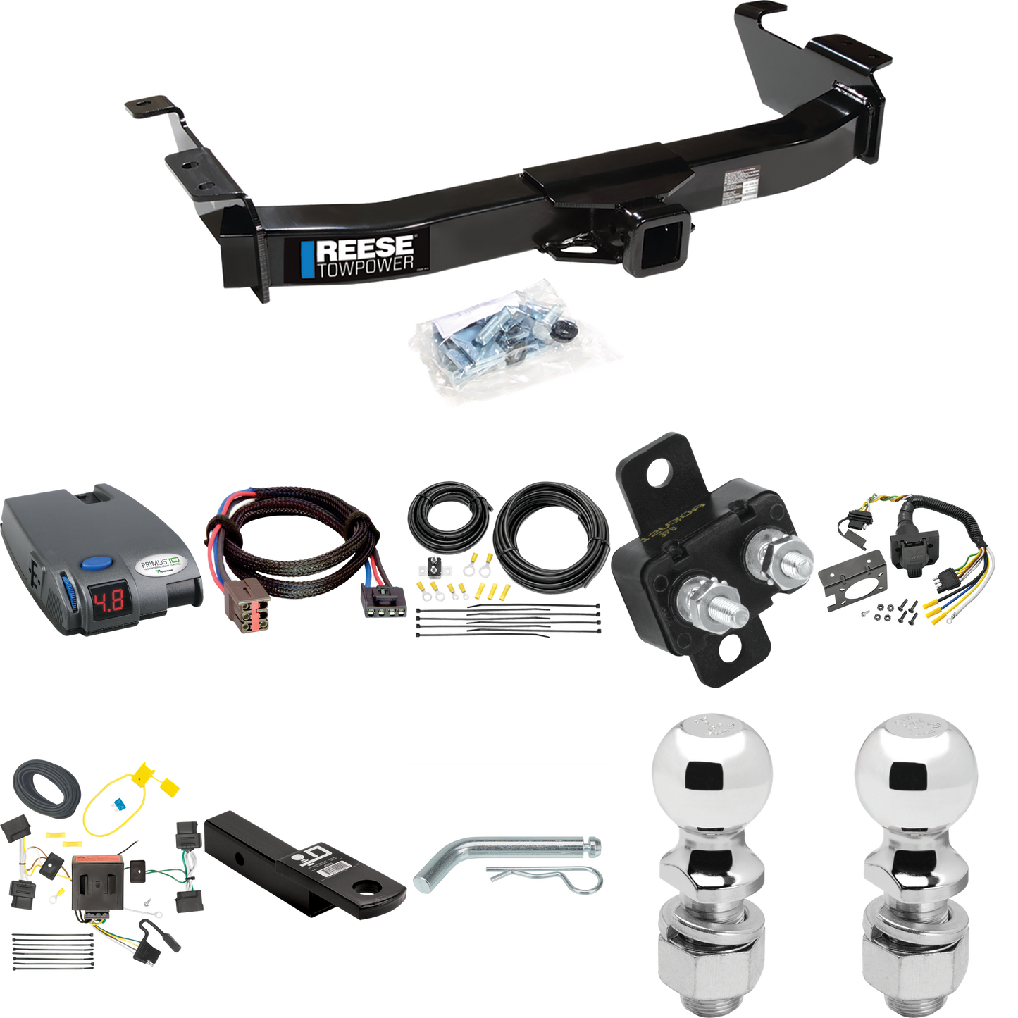 Se adapta al paquete de enganche de remolque Ford E-150 Econoline 2008-2008 con control de freno Tekonsha Primus IQ + adaptador BC Plug &amp; Play + cableado RV de 7 vías + soporte de bola y caída de 2" y 2-5/16" de Reese Towpower