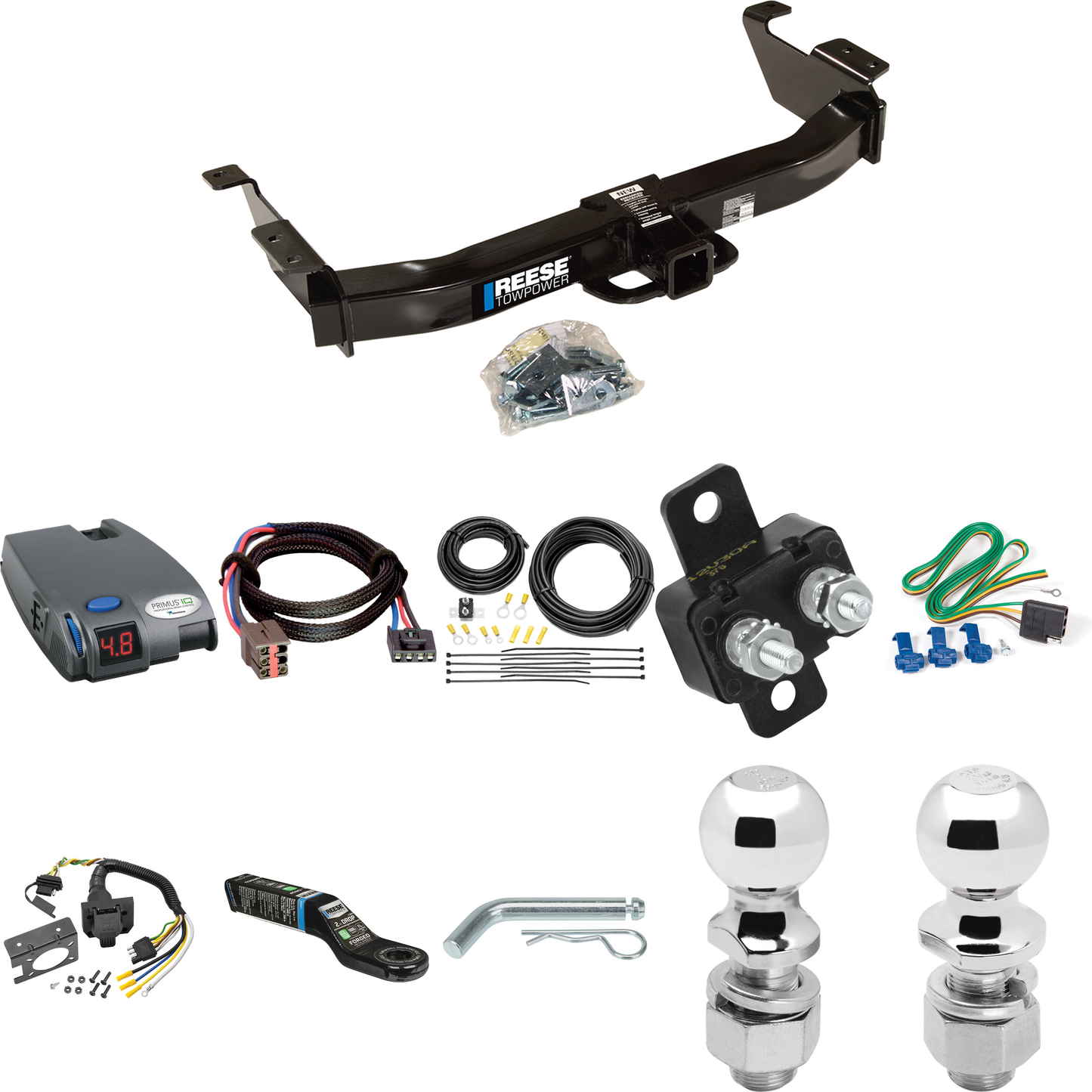 Fits 2003-2007 Ford E-150 Econoline Trailer Hitch Tow PKG w/ Tekonsha Primus IQ Brake Control + Plug & Play BC Adapter + 7-Way RV Wiring + 2" & 2-5/16" Ball & Drop Mount By Reese Towpower