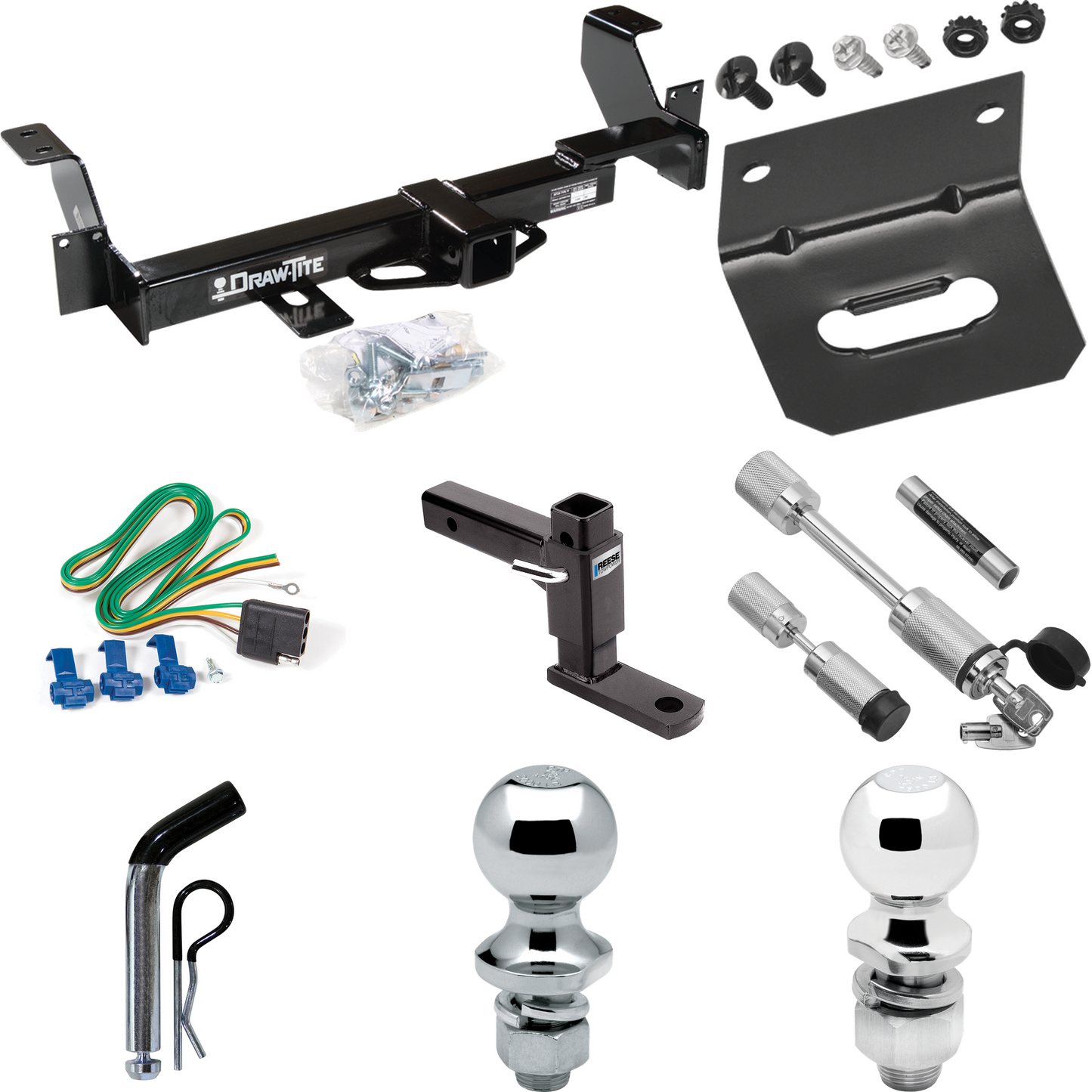 Fits 2001-2005 Pontiac Aztek Trailer Hitch Tow PKG w/ 4-Flat Wiring Harness + Adjustable Drop Rise Ball Mount + Pin/Clip + 2" Ball + 1-7/8" Ball + Dual Hitch & Coupler Locks By Draw-Tite