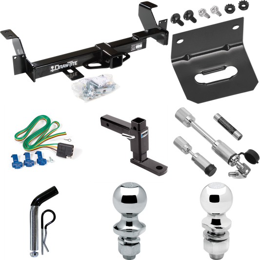 Fits 2001-2005 Pontiac Aztek Trailer Hitch Tow PKG w/ 4-Flat Wiring Harness + Adjustable Drop Rise Ball Mount + Pin/Clip + 2" Ball + 1-7/8" Ball + Dual Hitch & Coupler Locks By Draw-Tite