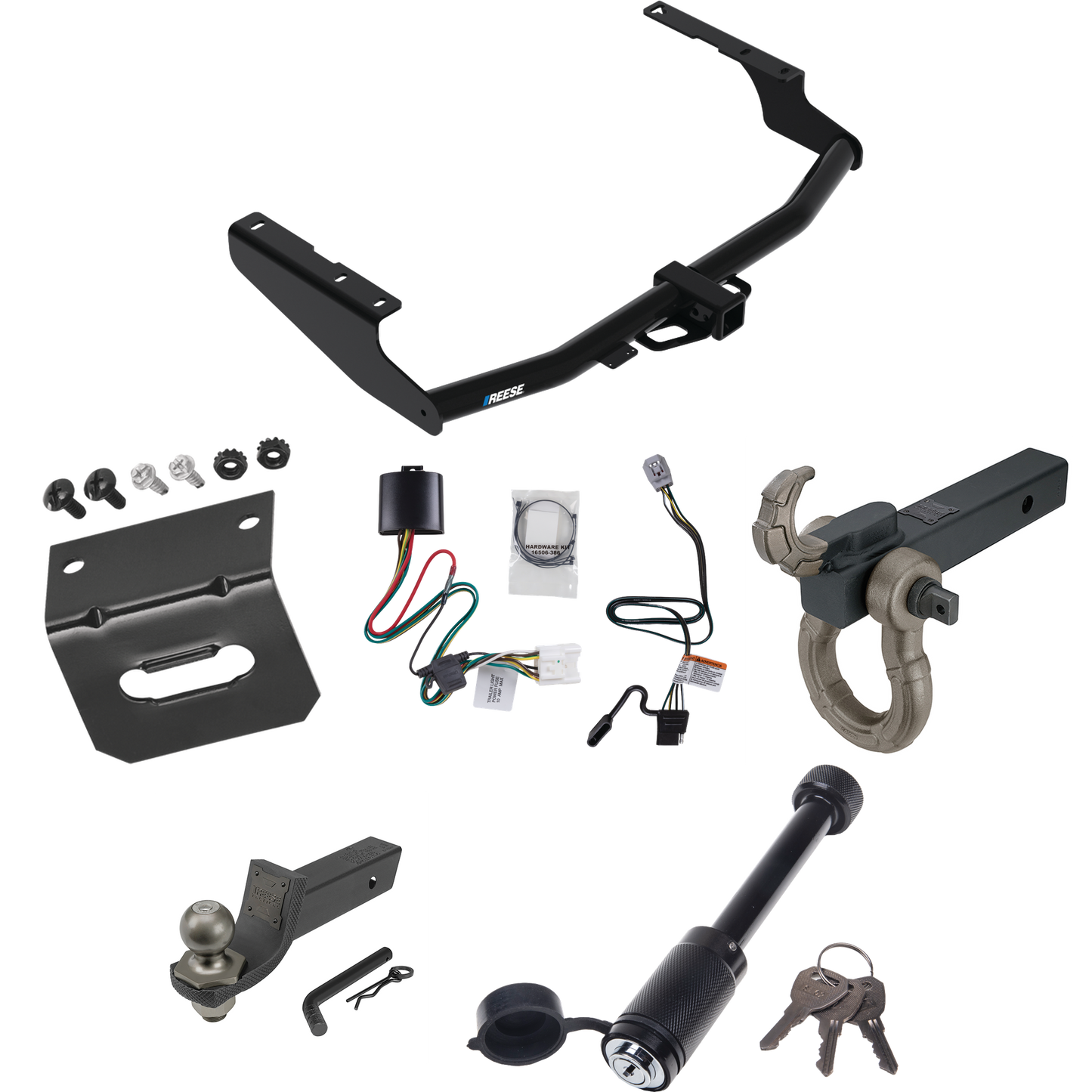 Fits 2020-2023 Toyota Highlander Trailer Hitch Tow PKG w/ 4-Flat Wiring + Interlock Tactical Starter Kit w/ 2" Drop & 2" Ball + Tactical Hook & Shackle Mount + Tactical Dogbone Lock + Wiring Bracket (Excludes: w/Twin-Tip Exhaust Models) By Reese Towp