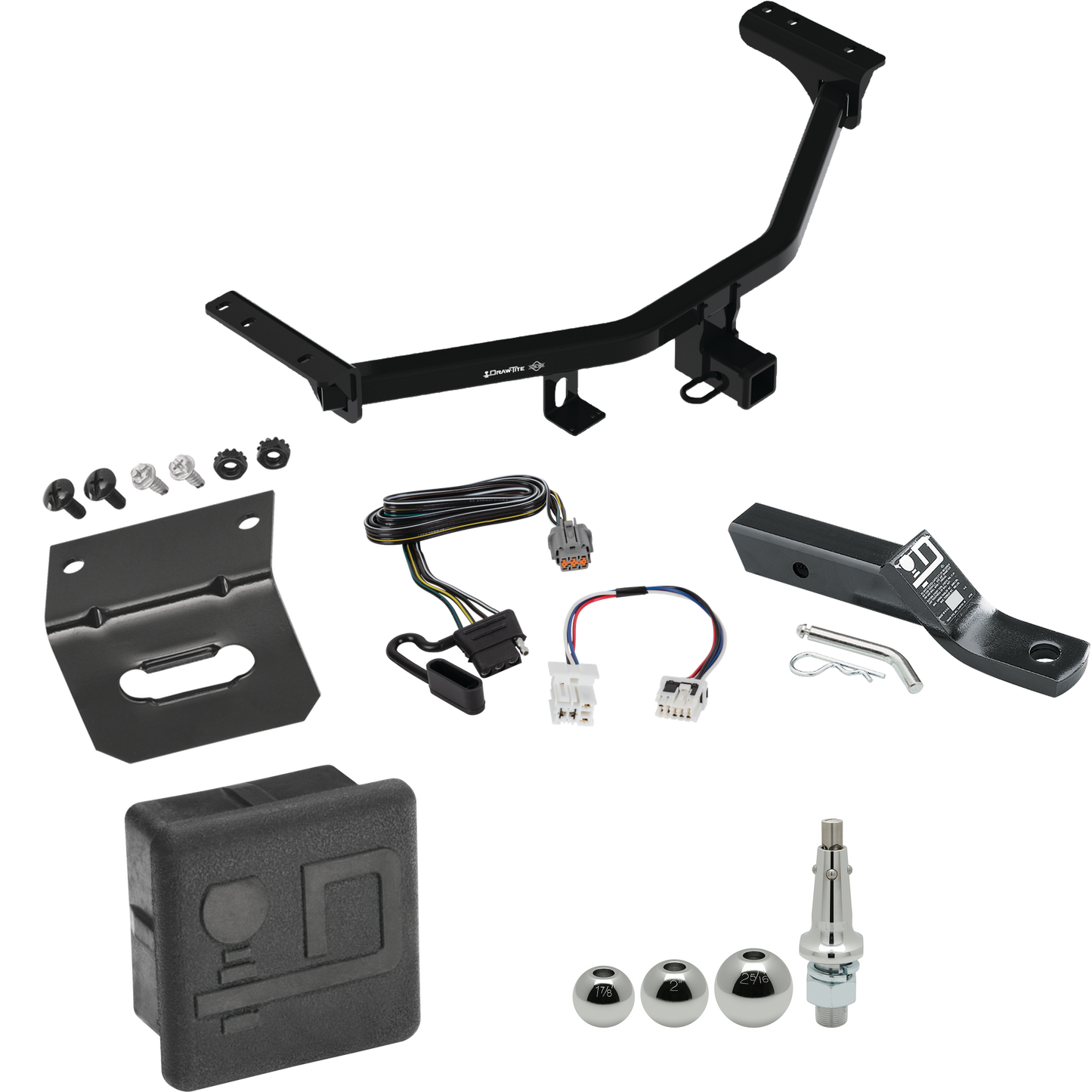 Fits 2022-2023 Nissan Pathfinder Trailer Hitch Tow PKG w/ 4-Flat Wiring + Ball Mount w/ 2" Drop + Interchangeable Ball 1-7/8" & 2" & 2-5/16" + Wiring Bracket + Hitch Cover By Draw-Tite