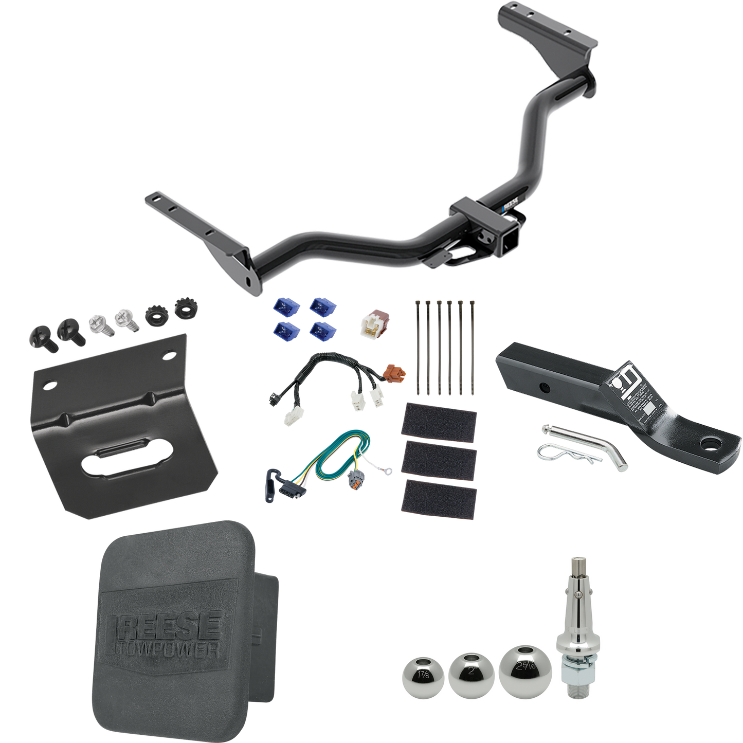 Fits 2013-2020 Nissan Pathfinder Trailer Hitch Tow PKG w/ 4-Flat Wiring + Ball Mount w/ 2" Drop + Interchangeable Ball 1-7/8" & 2" & 2-5/16" + Wiring Bracket + Hitch Cover By Reese Towpower