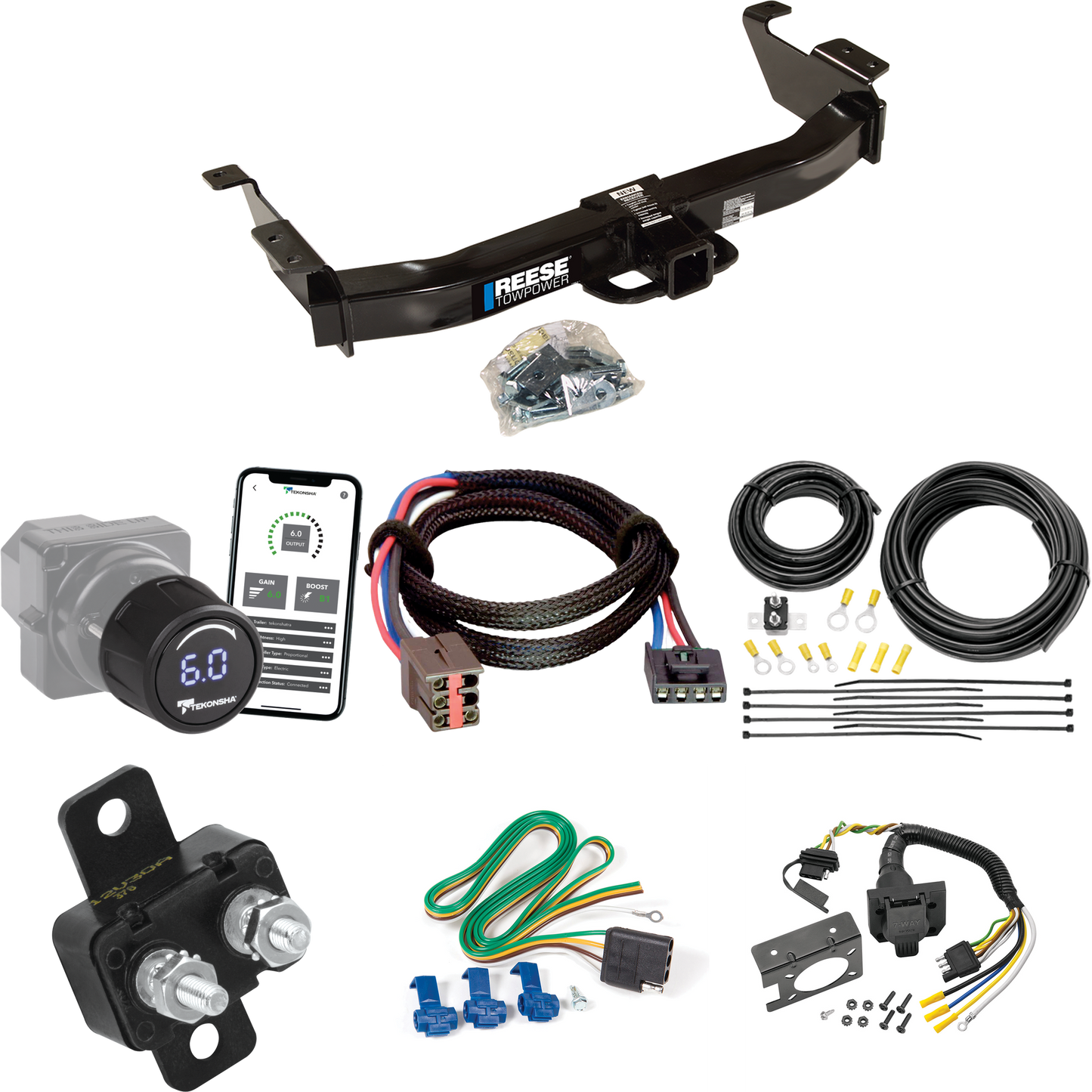 Fits 2003-2007 Ford E-150 Econoline Trailer Hitch Tow PKG w/ Tekonsha Prodigy iD Bluetooth Wireless Brake Control + Plug & Play BC Adapter + 7-Way RV Wiring By Reese Towpower