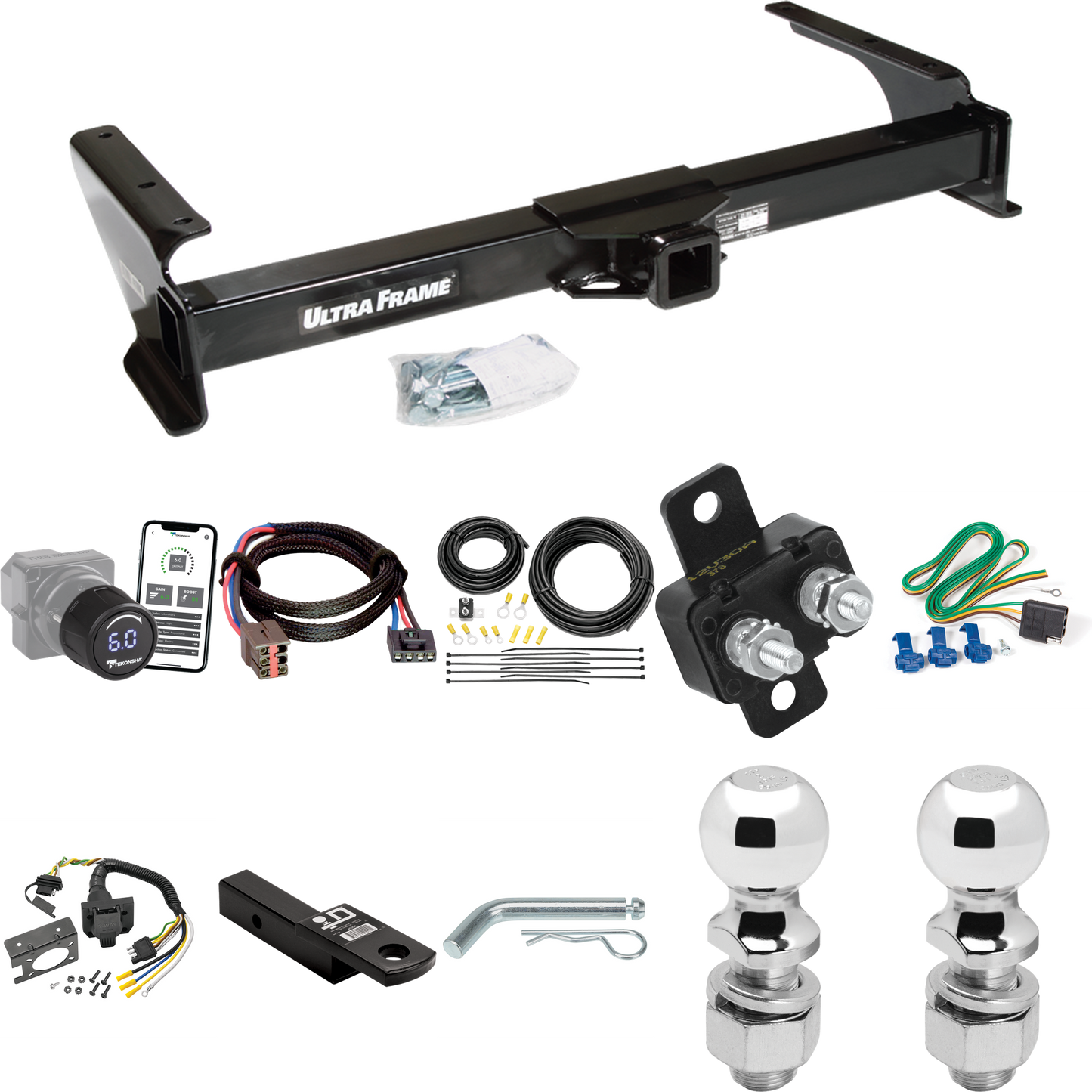 Fits 2003-2007 Ford E-250 Econoline Trailer Hitch Tow PKG w/ Tekonsha Prodigy iD Bluetooth Wireless Brake Control + Plug & Play BC Adapter + 7-Way RV Wiring + 2" & 2-5/16" Ball & Drop Mount By Draw-Tite