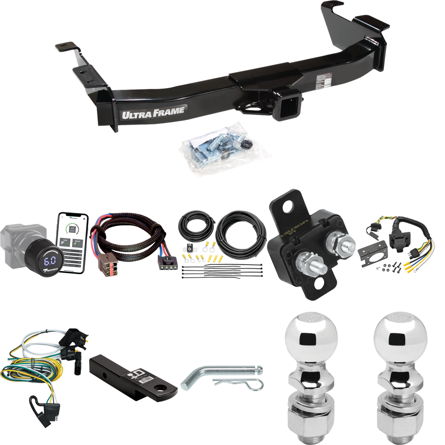 Fits 2000-2002 Ford E-350 Econoline Trailer Hitch Tow PKG w/ Tekonsha Prodigy iD Bluetooth Wireless Brake Control + Plug & Play BC Adapter + 7-Way RV Wiring + 2" & 2-5/16" Ball & Drop Mount By Draw-Tite