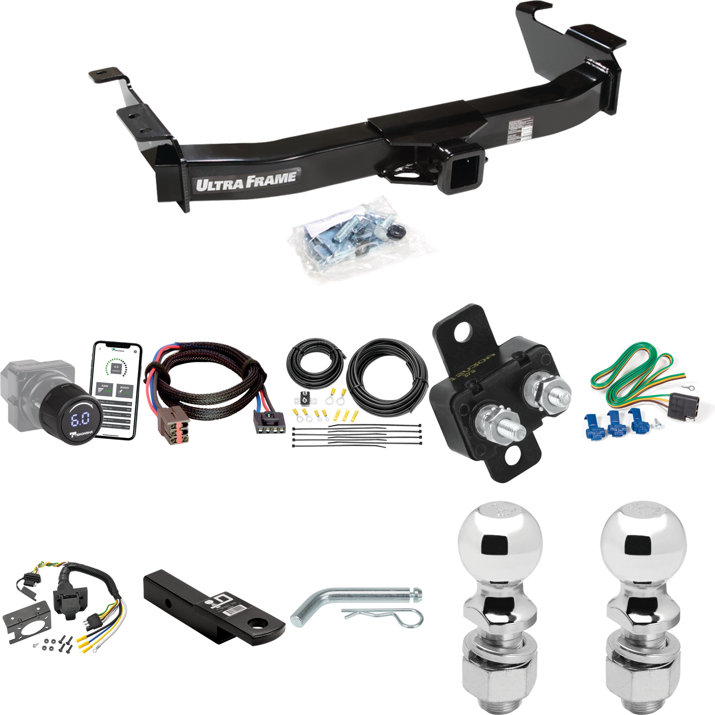 Para Ford E-350 Econoline Super Duty 2003-2007, paquete de enganche para remolque con control de freno inalámbrico Bluetooth Tekonsha Prodigy iD + adaptador BC Plug &amp; Play + cableado RV de 7 vías + soporte de bola y caída de 2" y 2-5/16" Por Draw-Tite