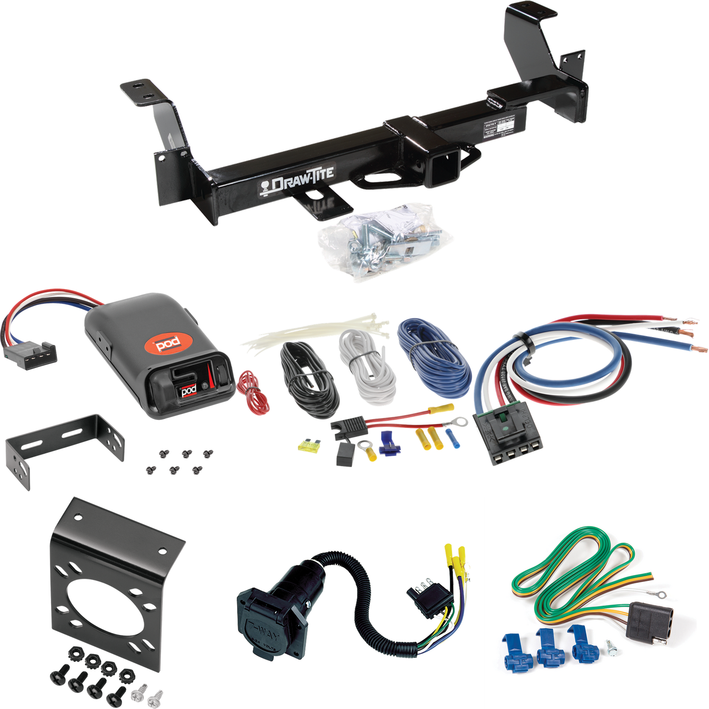 Se adapta al paquete de enganche de remolque Pontiac Aztek 2001-2005 con control de freno POD Pro Series + adaptador de cableado BC genérico + cableado RV de 7 vías de Draw-Tite