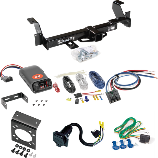 Se adapta al paquete de enganche de remolque Pontiac Aztek 2001-2005 con control de freno POD Pro Series + adaptador de cableado BC genérico + cableado RV de 7 vías de Draw-Tite