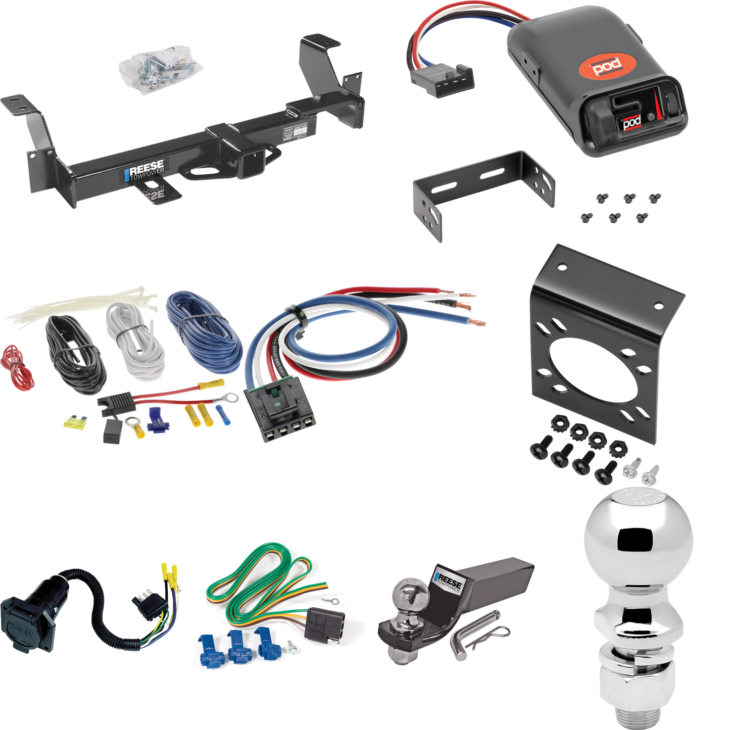 Fits 2002-2007 Buick Rendezvous Trailer Hitch Tow PKG w/ Pro Series POD Brake Control + Generic BC Wiring Adapter + 7-Way RV Wiring + 2" & 2-5/16" Ball & Drop Mount By Reese Towpower