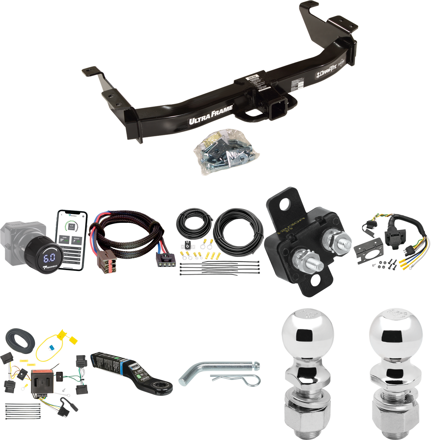 Fits 2008-2008 Ford E-350 Econoline Super Duty Trailer Hitch Tow PKG w/ Tekonsha Prodigy iD Bluetooth Wireless Brake Control + Plug & Play BC Adapter + 7-Way RV Wiring + 2" & 2-5/16" Ball & Drop Mount By Draw-Tite