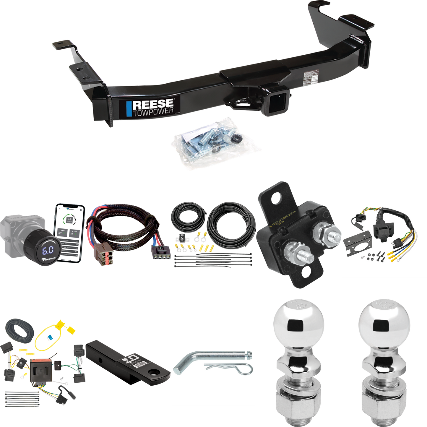 Fits 2008-2008 Ford E-150 Econoline Trailer Hitch Tow PKG w/ Tekonsha Prodigy iD Bluetooth Wireless Brake Control + Plug & Play BC Adapter + 7-Way RV Wiring + 2" & 2-5/16" Ball & Drop Mount By Reese Towpower