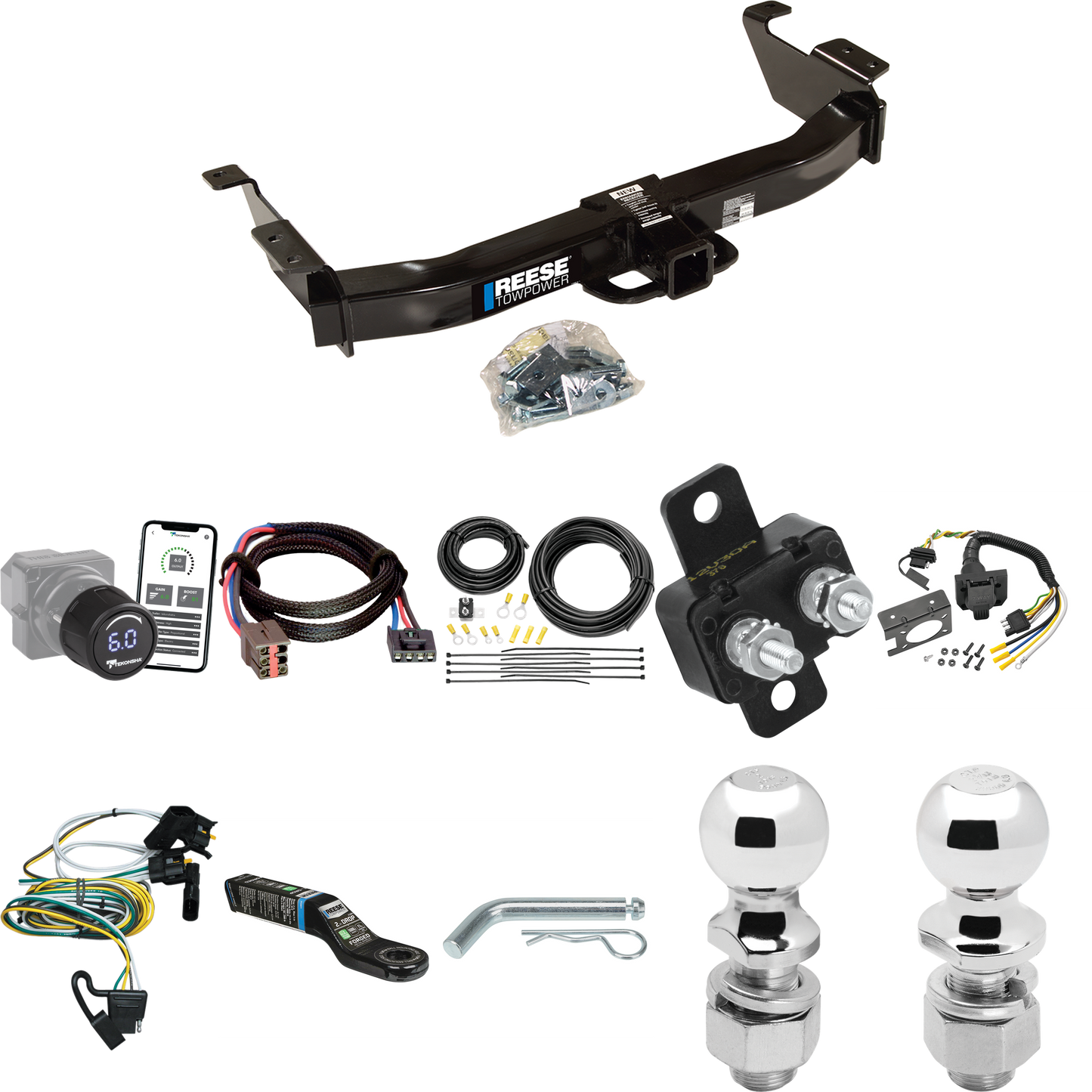 Fits 2000-2002 Ford E-150 Econoline Trailer Hitch Tow PKG w/ Tekonsha Prodigy iD Bluetooth Wireless Brake Control + Plug & Play BC Adapter + 7-Way RV Wiring + 2" & 2-5/16" Ball & Drop Mount By Reese Towpower