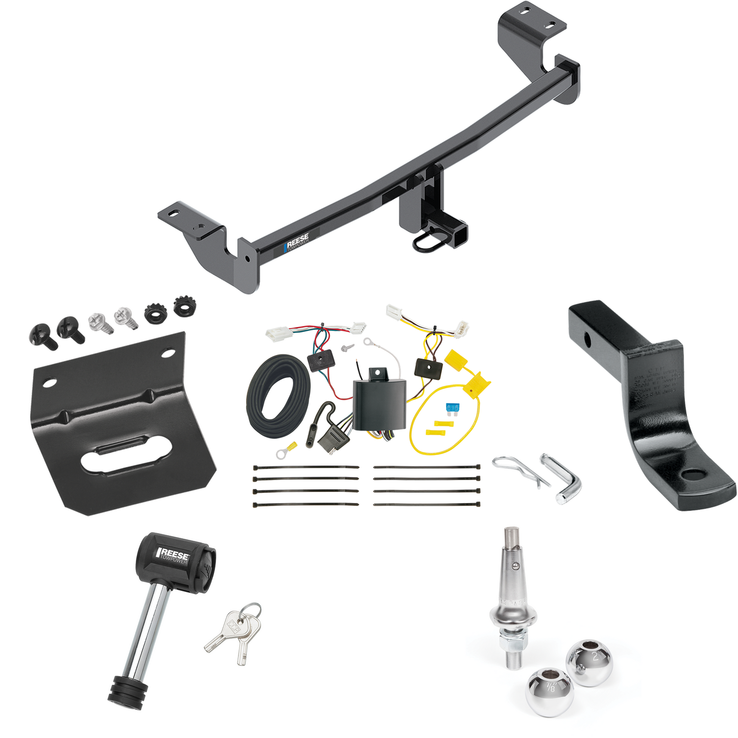 Fits 2017-2018 Toyota Corolla iM Trailer Hitch Tow PKG w/ 4-Flat Wiring Harness + Draw-Bar + Interchangeable 1-7/8" & 2" Balls + Wiring Bracket + Hitch Lock By Reese Towpower