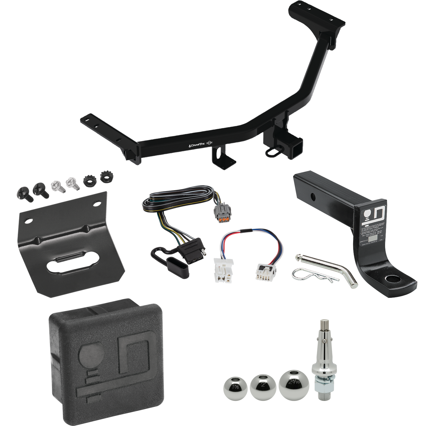 Se adapta al paquete de enganche de remolque Infiniti QX60 2022-2022 con cableado plano de 4 + soporte de bola con caída de 4" + bola intercambiable de 1-7/8" y 2" y 2-5/16" + soporte de cableado + cubierta de enganche dibujar-tite