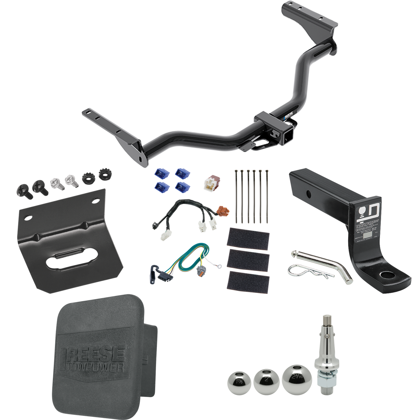 Se adapta al paquete de enganche de remolque Infiniti QX60 2014-2020 con cableado plano de 4 + soporte de bola con caída de 4" + bola intercambiable de 1-7/8" y 2" y 2-5/16" + soporte de cableado + cubierta de enganche Reese Towpower