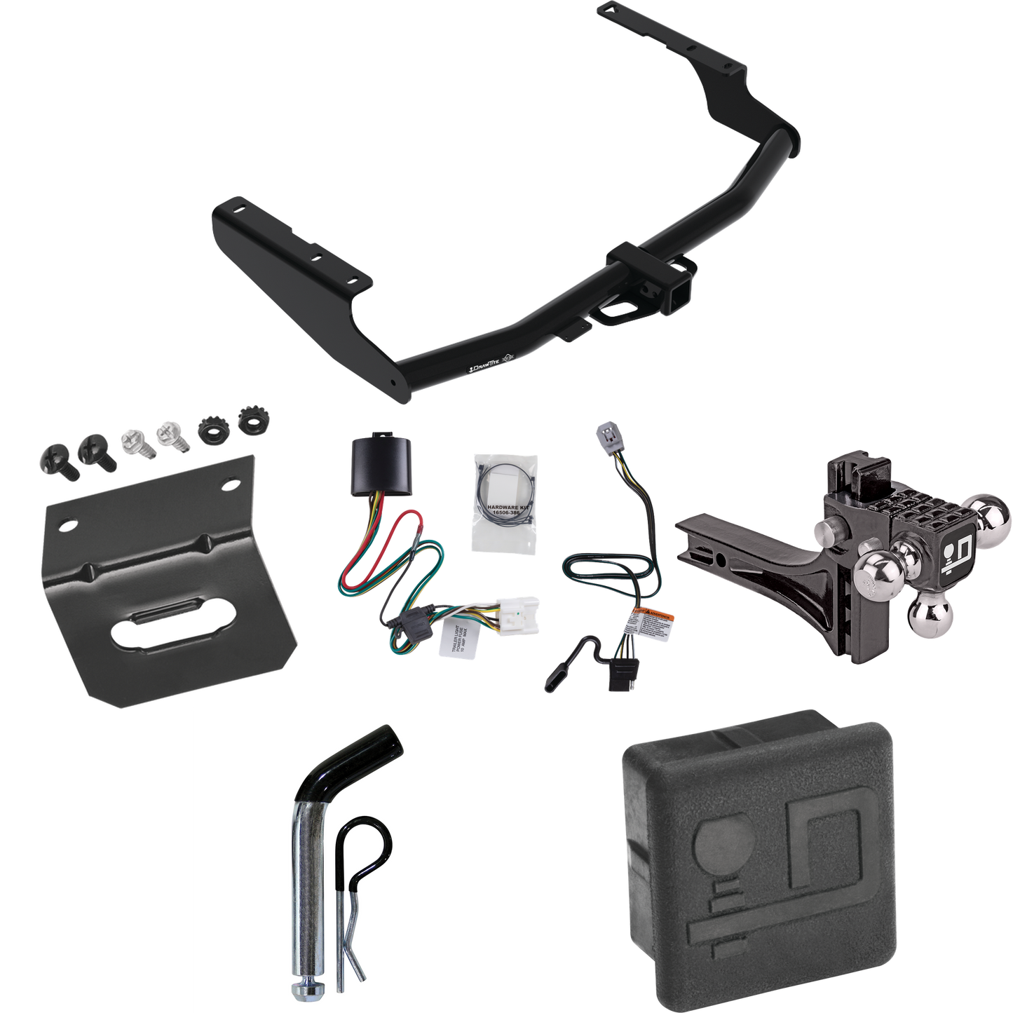 Fits 2020-2023 Toyota Highlander Trailer Hitch Tow PKG w/ 4-Flat Wiring + Adjustable Drop Rise Triple Ball Ball Mount 1-7/8" & 2" & 2-5/16" Trailer Balls + Pin/Clip + Wiring Bracket + Hitch Cover (Excludes: w/Twin-Tip Exhaust Models) By Draw-Tite