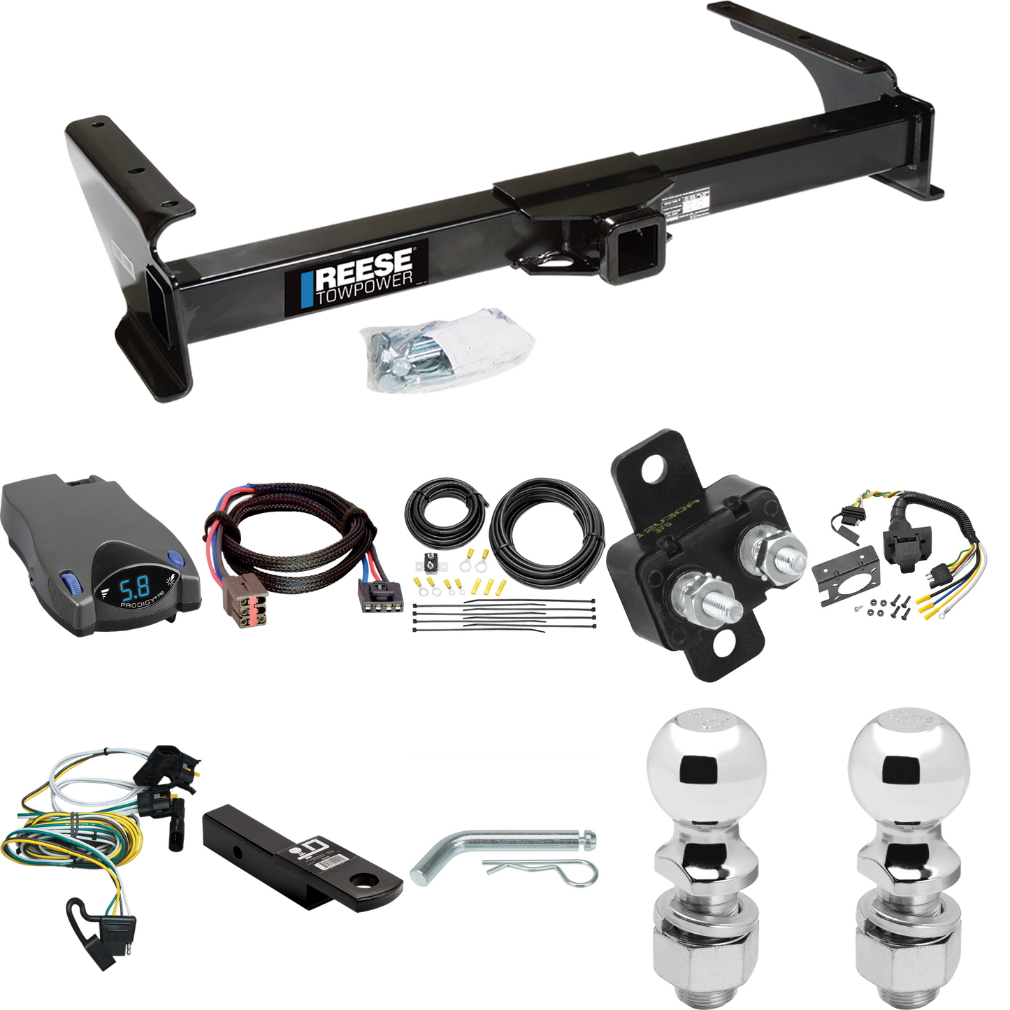 Fits 1995-2002 Ford E-350 Econoline Trailer Hitch Tow PKG w/ Tekonsha Prodigy P2 Brake Control + Plug & Play BC Adapter + 7-Way RV Wiring + 2" & 2-5/16" Ball & Drop Mount By Reese Towpower