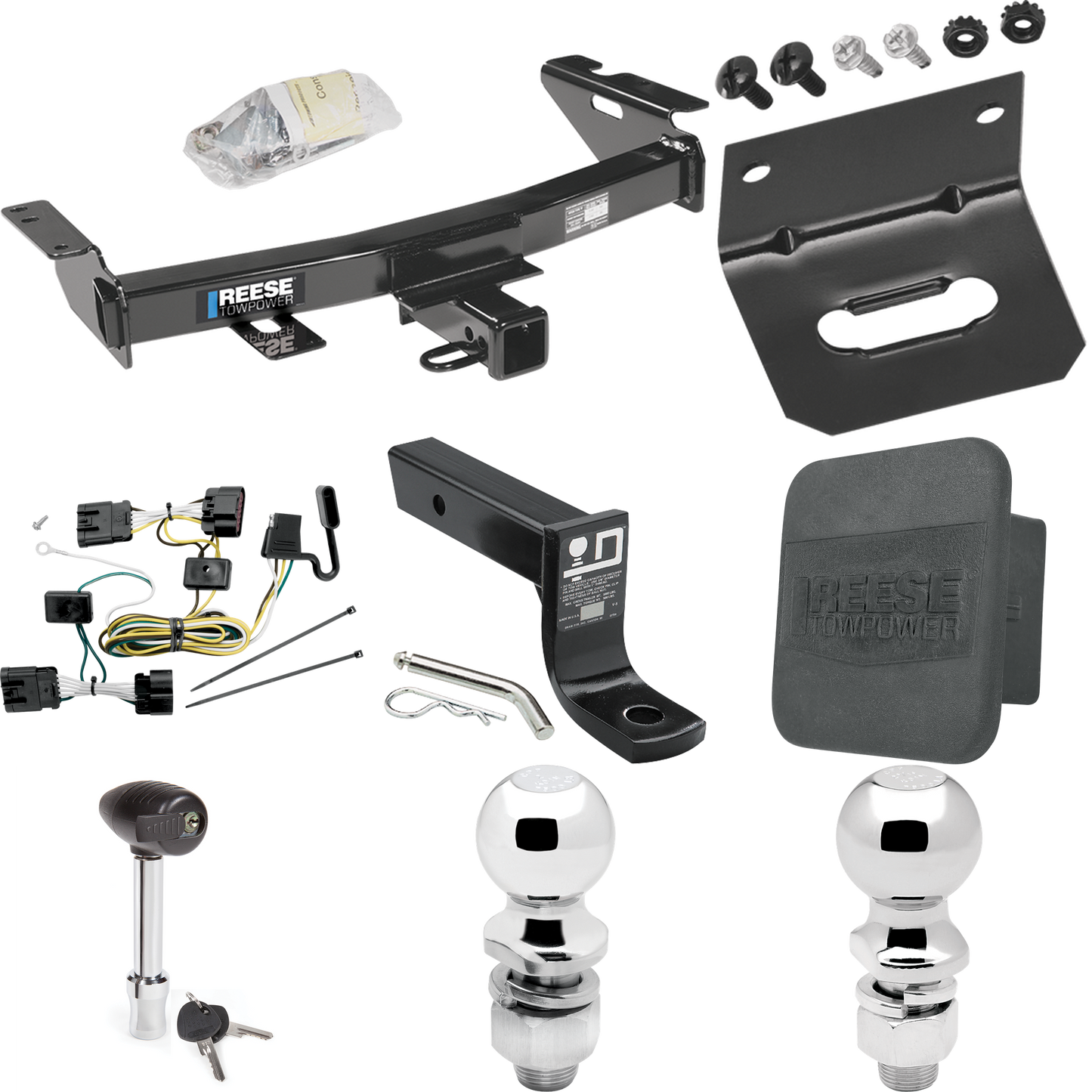 Fits 2009-2009 Chevrolet Uplander Trailer Hitch Tow PKG w/ 4-Flat Wiring + Ball Mount w/ 4" Drop + 2" Ball + 2-5/16" Ball + Wiring Bracket + Hitch Lock + Hitch Cover (For (Canada Only) Models) By Reese Towpower