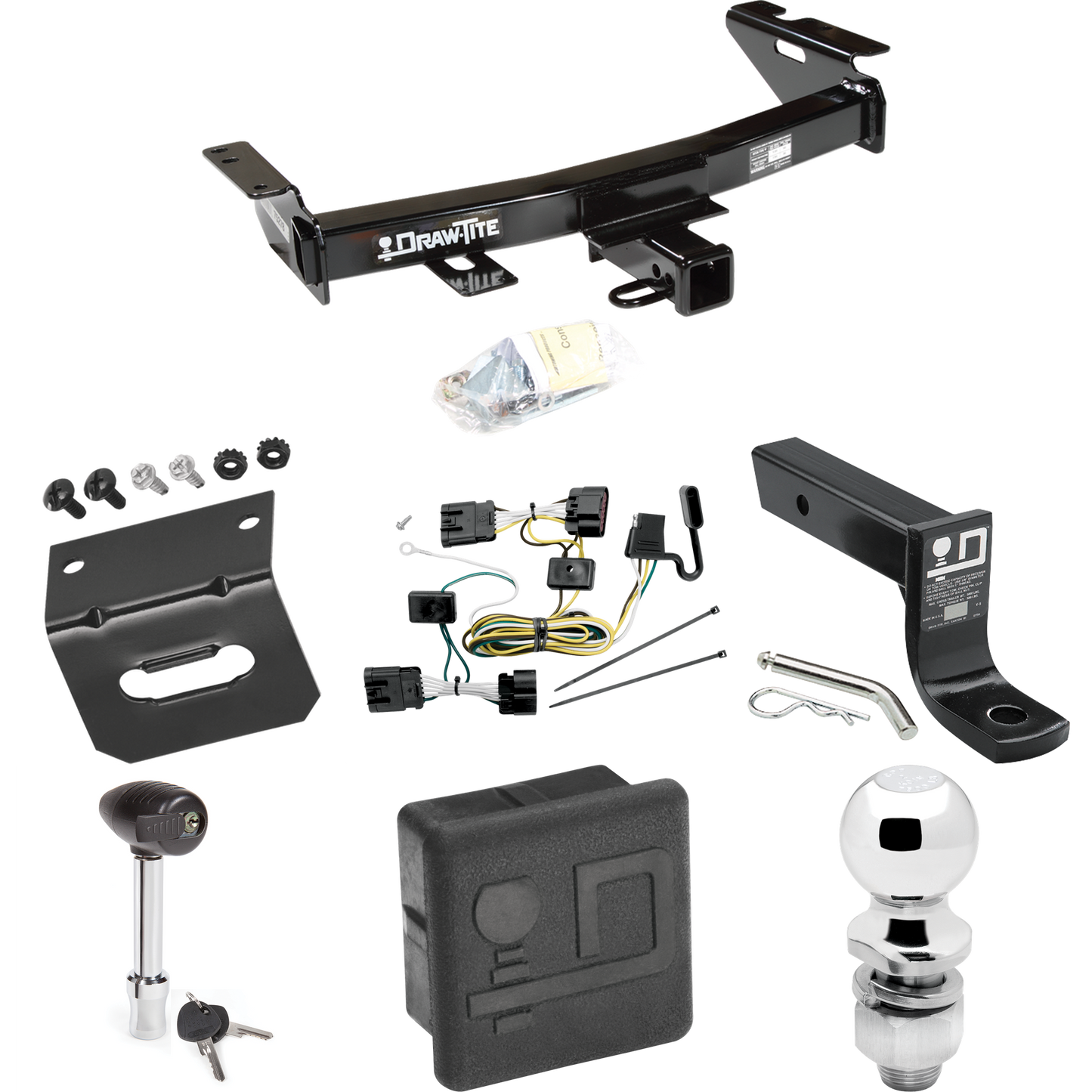 Fits 2005-2007 Saturn Relay Trailer Hitch Tow PKG w/ 4-Flat Wiring + Ball Mount w/ 4" Drop + 2" Ball + Wiring Bracket + Hitch Lock + Hitch Cover By Draw-Tite