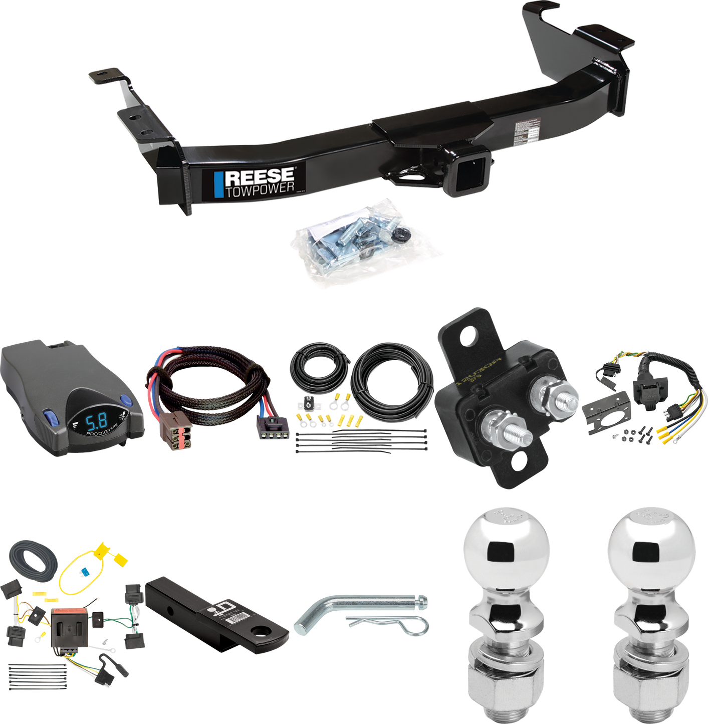 Fits 2008-2008 Ford E-150 Econoline Trailer Hitch Tow PKG w/ Tekonsha Prodigy P2 Brake Control + Plug & Play BC Adapter + 7-Way RV Wiring + 2" & 2-5/16" Ball & Drop Mount By Reese Towpower