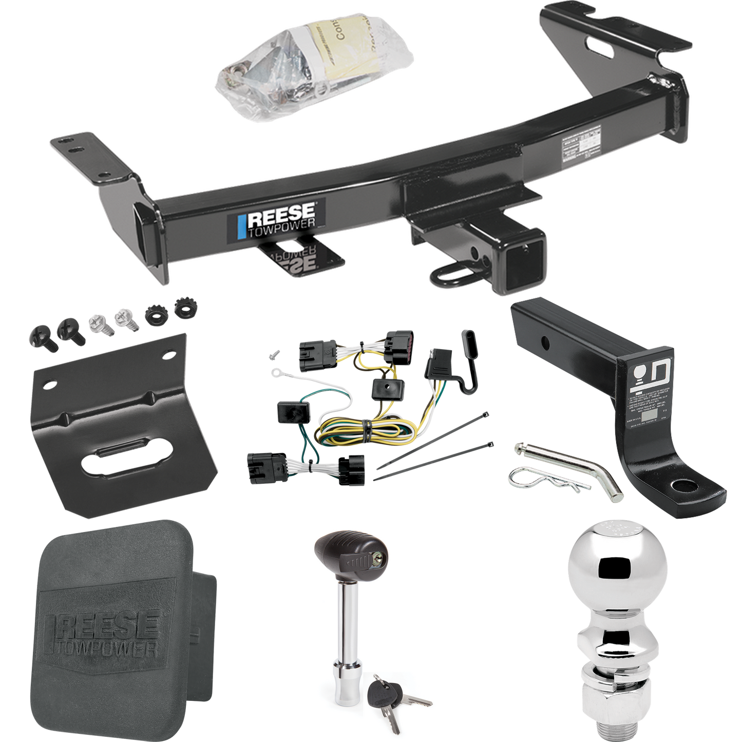 Fits 2005-2007 Saturn Relay Trailer Hitch Tow PKG w/ 4-Flat Wiring + Ball Mount w/ 4" Drop + 2-5/16" Ball + Wiring Bracket + Hitch Lock + Hitch Cover By Reese Towpower