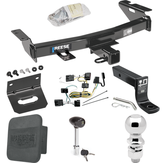 Se adapta al paquete de enganche de remolque Saturn Relay 2005-2007 con 4 cables planos + soporte de bola con caída de 4" + bola de 2-5/16" + soporte de cableado + bloqueo de enganche + cubierta de enganche de Reese Towpower