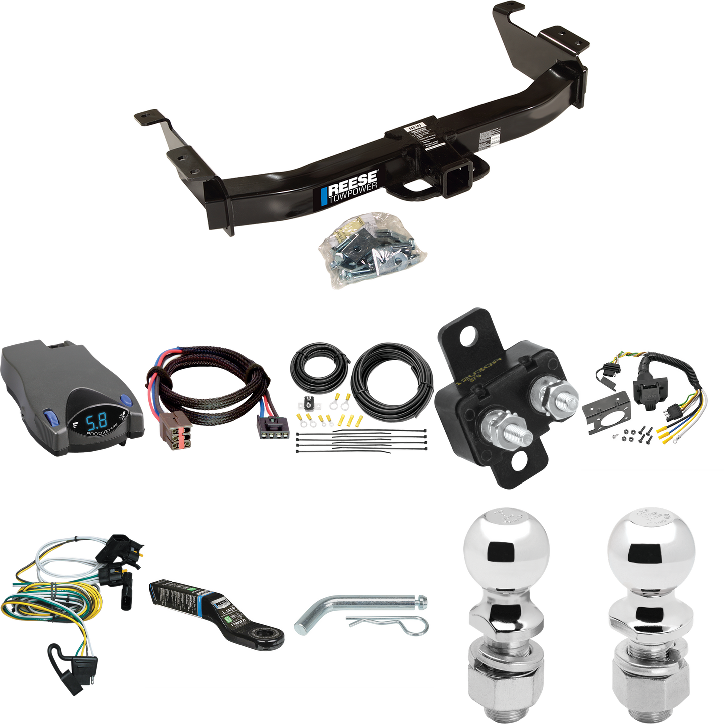 Se adapta al paquete de enganche de remolque Ford E-350 Econoline 2000-2002 con control de freno Tekonsha Prodigy P2 + adaptador BC Plug &amp; Play + cableado RV de 7 vías + soporte de bola y caída de 2" y 2-5/16" de Reese Towpower