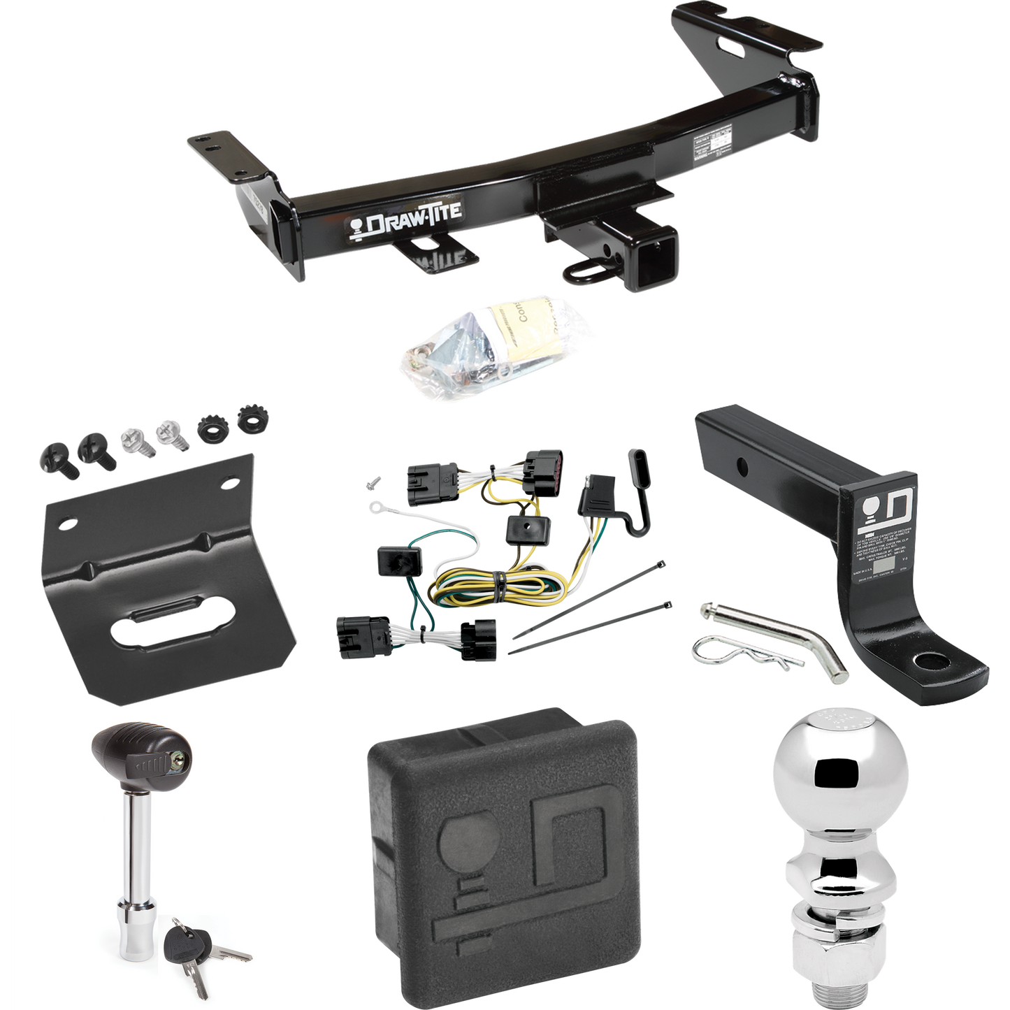 Fits 2005-2007 Saturn Relay Trailer Hitch Tow PKG w/ 4-Flat Wiring + Ball Mount w/ 4" Drop + 2-5/16" Ball + Wiring Bracket + Hitch Lock + Hitch Cover By Draw-Tite