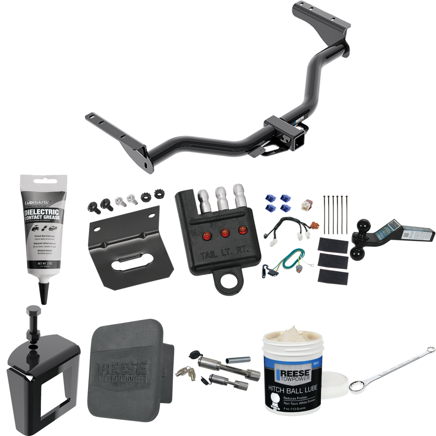 Fits 2013-2020 Nissan Pathfinder Trailer Hitch Tow PKG w/ 4-Flat Wiring + Dual Ball Ball Mount 2" & 2-5/16" Trailer Balls + Wiring Bracket + Hitch Cover + Dual Hitch & Coupler Locks + Wiring Tester + Ball Lube + Electric Grease + Ball Wrench + Anti R