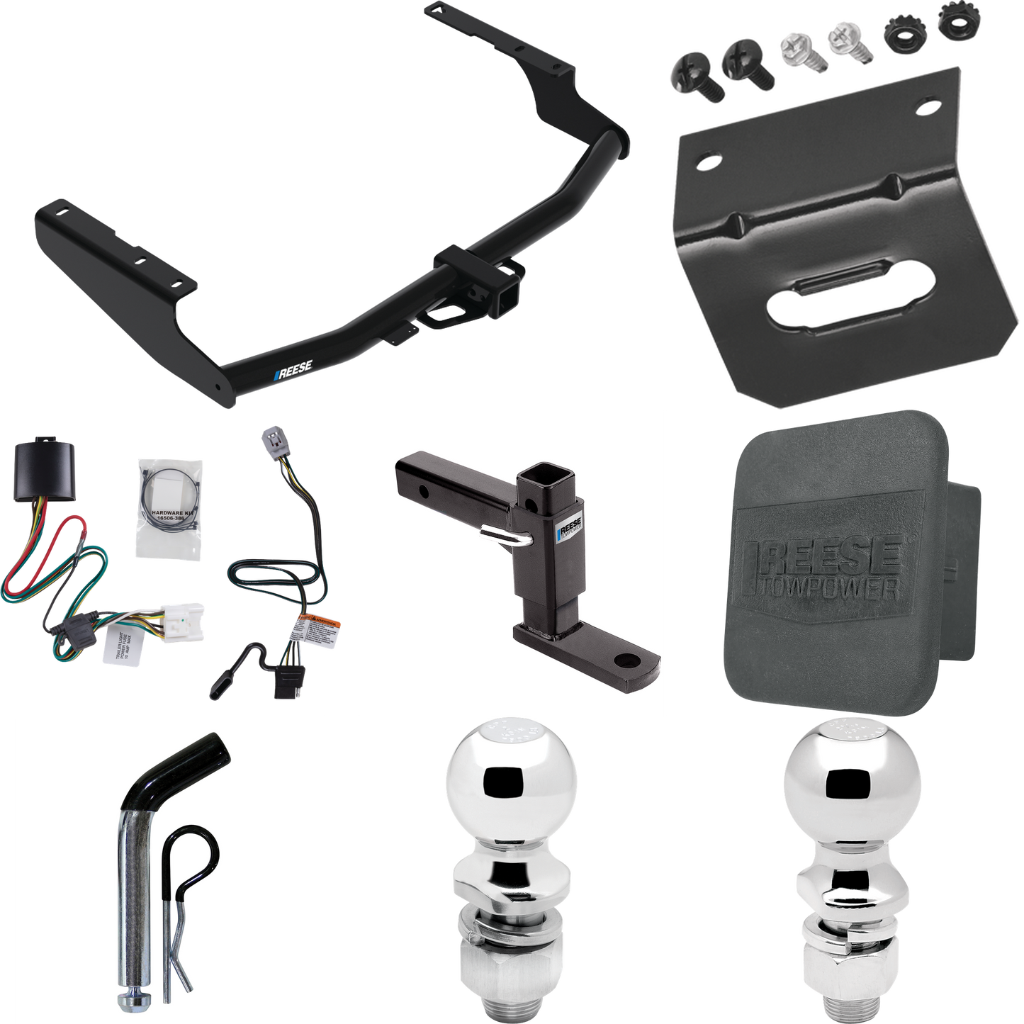 Fits 2020-2023 Toyota Highlander Trailer Hitch Tow PKG w/ 4-Flat Wiring + Adjustable Drop Rise Ball Mount + Pin/Clip + 2" Ball + 2-5/16" Ball + Wiring Bracket + Hitch Cover (Excludes: w/Twin-Tip Exhaust Models) By Reese Towpower