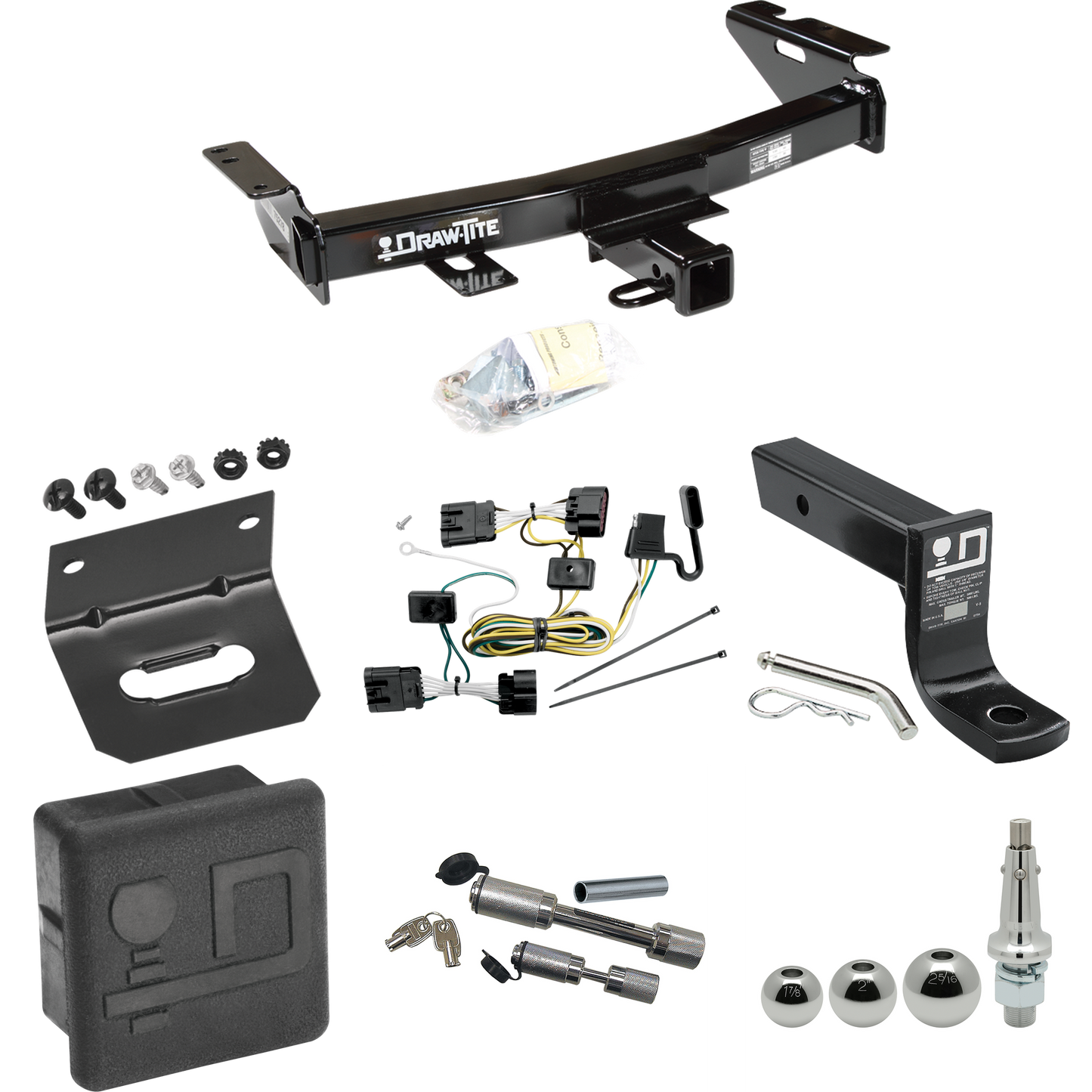 Fits 2009-2009 Chevrolet Uplander Trailer Hitch Tow PKG w/ 4-Flat Wiring + Ball Mount w/ 4" Drop + Interchangeable Ball 1-7/8" & 2" & 2-5/16" + Wiring Bracket + Dual Hitch & Coupler Locks + Hitch Cover (For (Canada Only) Models) By Draw-Tite