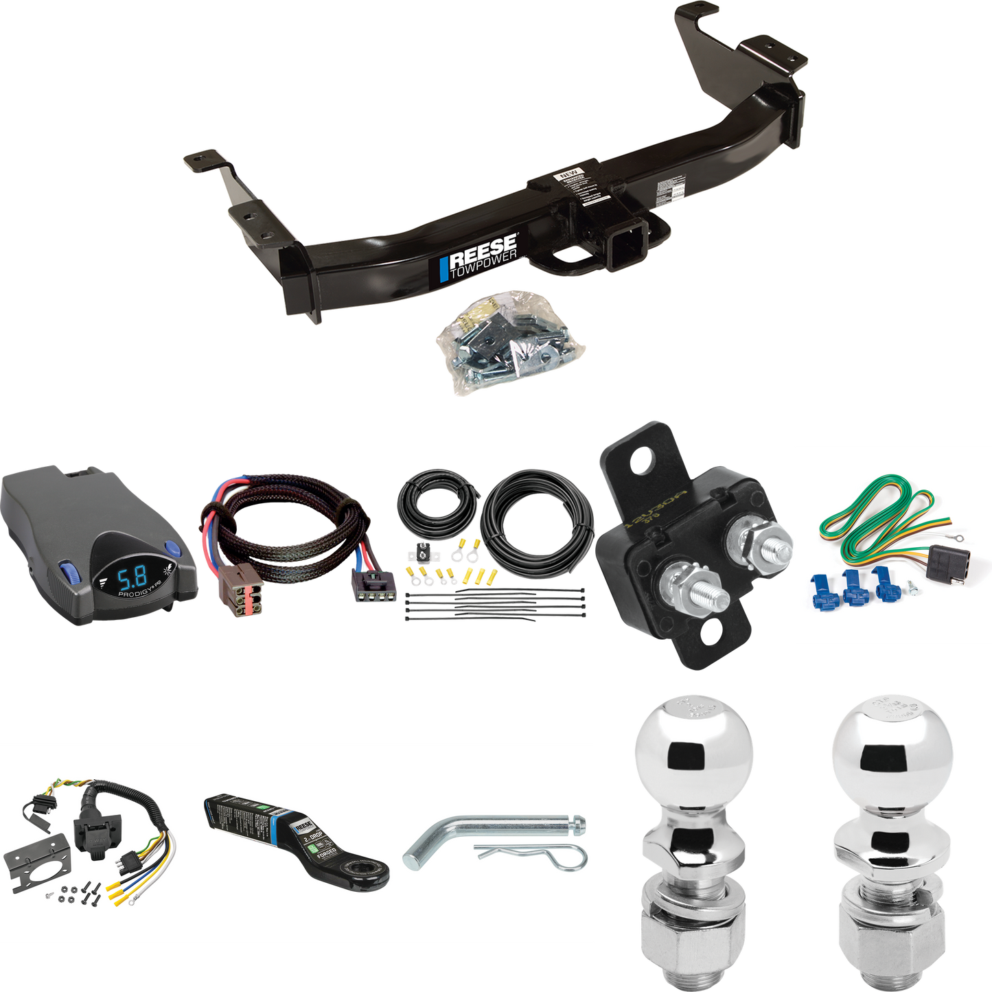 Fits 2003-2007 Ford E-150 Econoline Trailer Hitch Tow PKG w/ Tekonsha Prodigy P2 Brake Control + Plug & Play BC Adapter + 7-Way RV Wiring + 2" & 2-5/16" Ball & Drop Mount By Reese Towpower