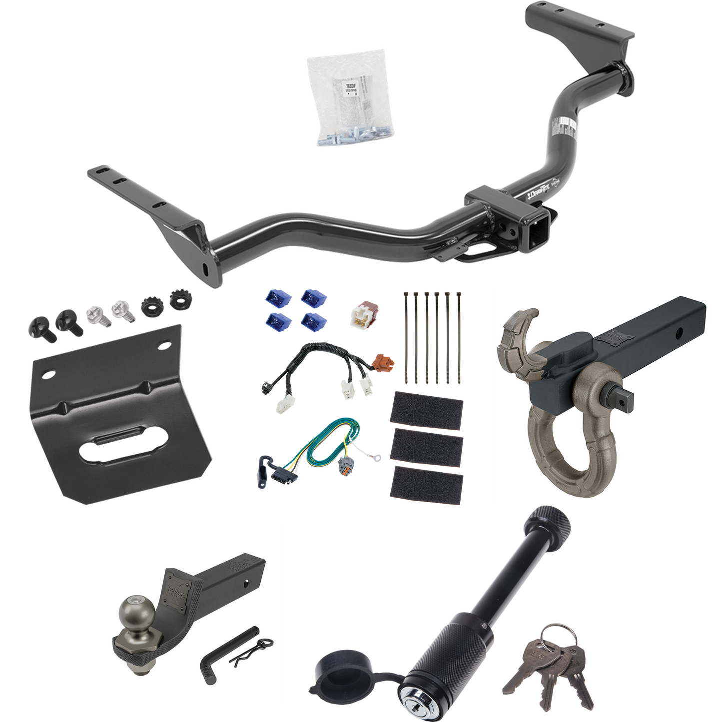 Fits 2013-2020 Nissan Pathfinder Trailer Hitch Tow PKG w/ 4-Flat Wiring + Interlock Tactical Starter Kit w/ 2" Drop & 2" Ball + Tactical Hook & Shackle Mount + Tactical Dogbone Lock + Wiring Bracket By Draw-Tite