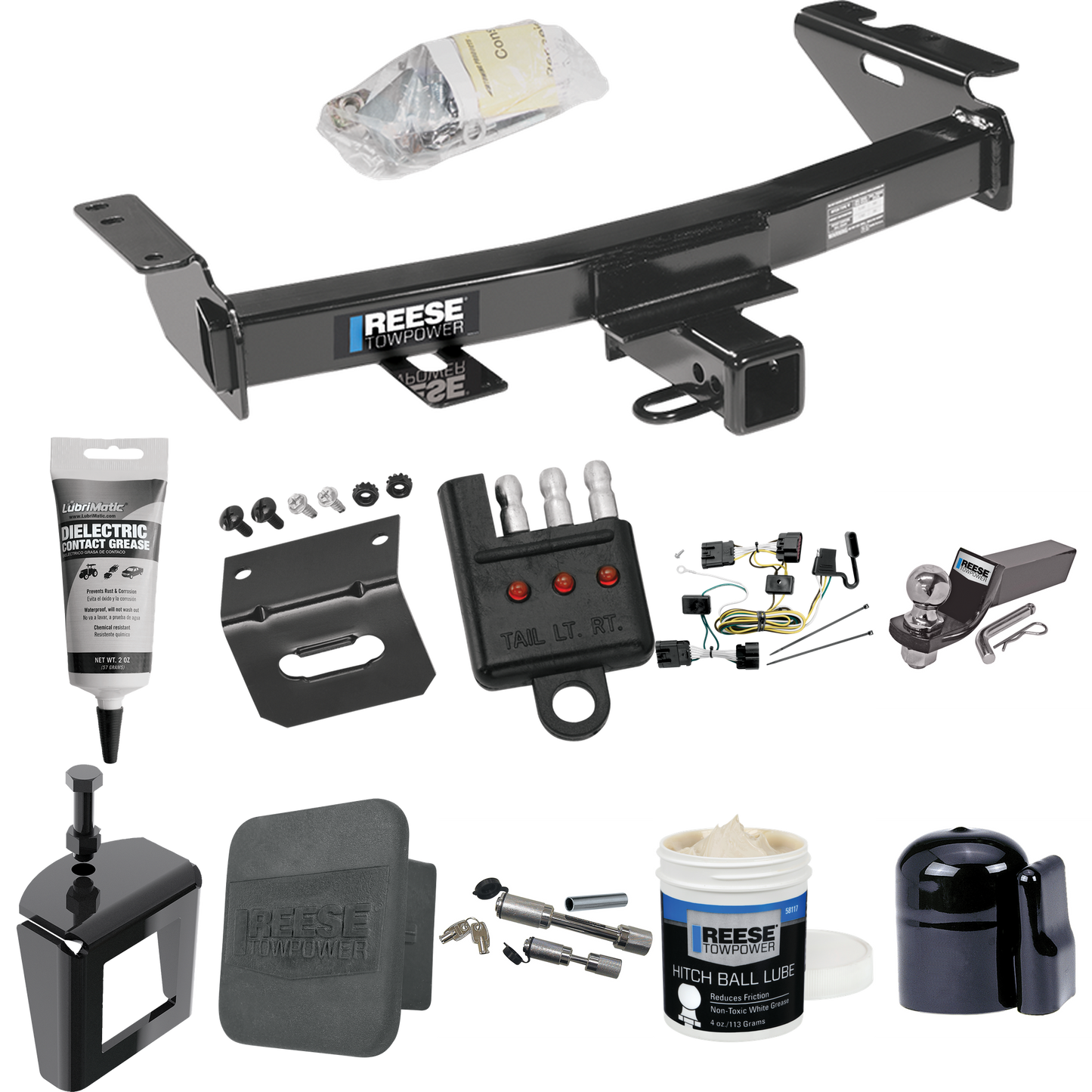 Fits 2005-2006 Pontiac Montana SV6 Trailer Hitch Tow PKG w/ 4-Flat Wiring + Starter Kit Ball Mount w/ 2" Drop & 2" Ball + 1-7/8" Ball + Wiring Bracket + Dual Hitch & Coupler Locks + Hitch Cover + Wiring Tester + Ball Lube + Electric Grease + Ball Wre