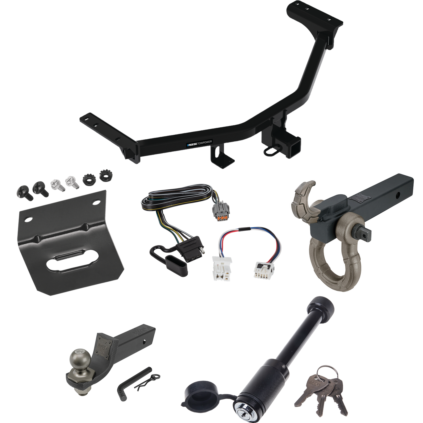 Fits 2022-2023 Nissan Pathfinder Trailer Hitch Tow PKG w/ 4-Flat Wiring + Interlock Tactical Starter Kit w/ 2" Drop & 2" Ball + Tactical Hook & Shackle Mount + Tactical Dogbone Lock + Wiring Bracket (For w/Factory Tow Package Models) By Reese Towpowe