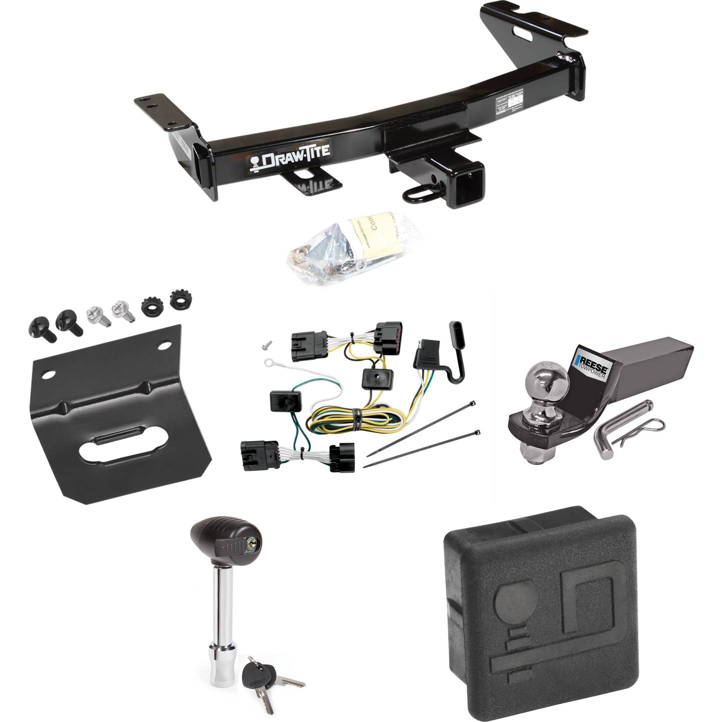 Fits 2007-2009 Pontiac Montana SV6 Trailer Hitch Tow PKG w/ 4-Flat Wiring + Starter Kit Ball Mount w/ 2" Drop & 2" Ball + Wiring Bracket + Hitch Lock + Hitch Cover (For (Canada Only) Models) By Draw-Tite