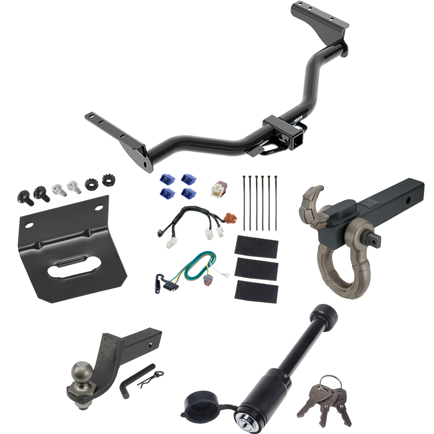 Fits 2014-2020 Infiniti QX60 Trailer Hitch Tow PKG w/ 4-Flat Wiring + Interlock Tactical Starter Kit w/ 3-1/4" Drop & 2" Ball + Tactical Hook & Shackle Mount + Tactical Dogbone Lock + Wiring Bracket By Reese Towpower