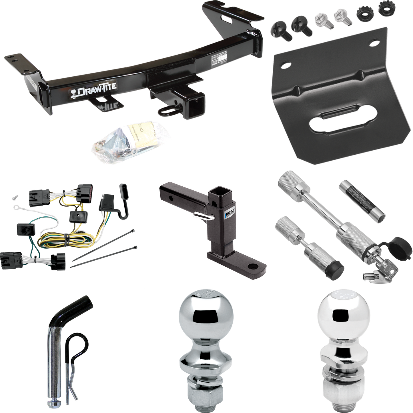 Fits 2009-2009 Chevrolet Uplander Trailer Hitch Tow PKG w/ 4-Flat Wiring Harness + Adjustable Drop Rise Ball Mount + Pin/Clip + 2" Ball + 1-7/8" Ball + Dual Hitch & Coupler Locks (For (Canada Only) Models) By Draw-Tite