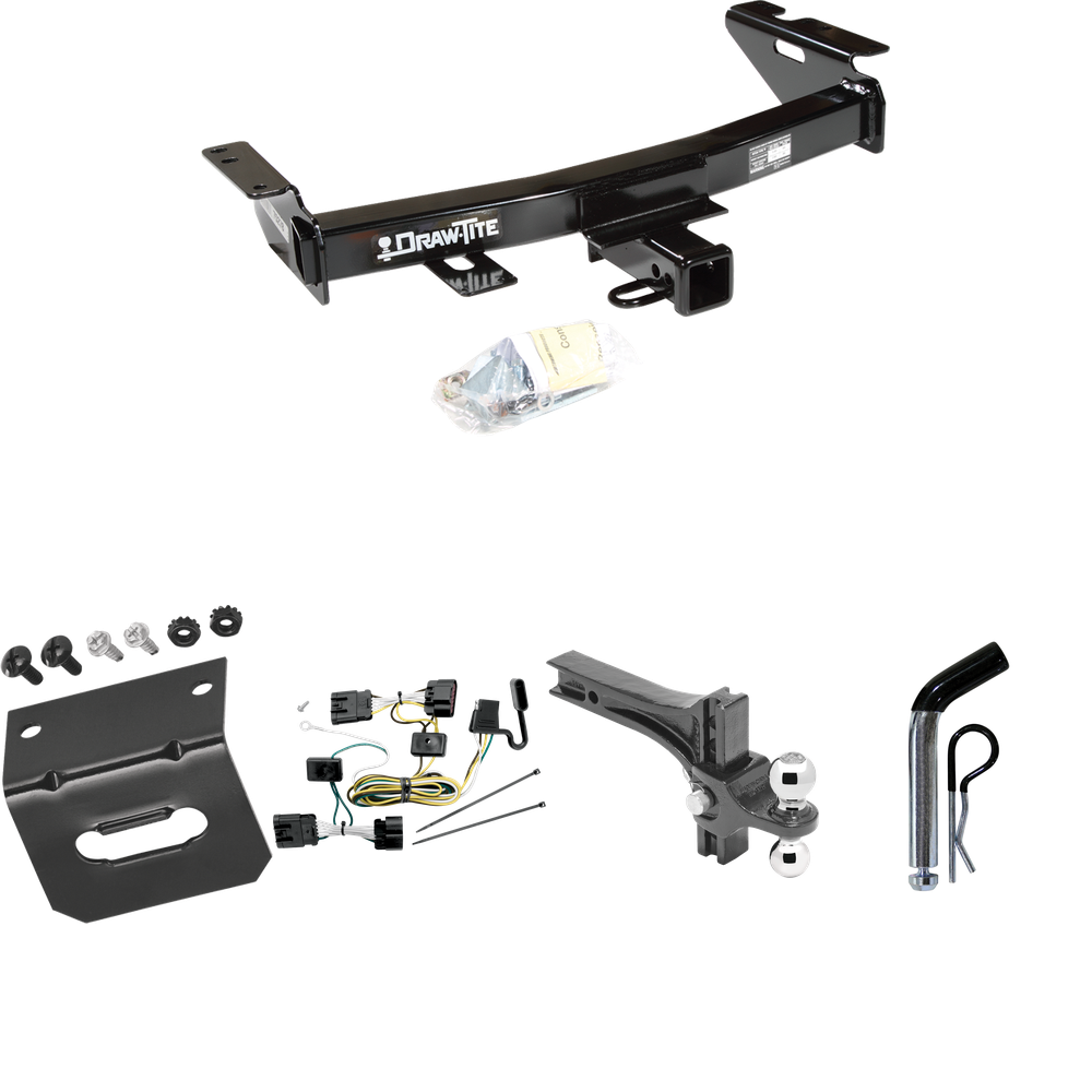 Fits 2005-2008 Chevrolet Uplander Trailer Hitch Tow PKG w/ 4-Flat Wiring Harness + Dual Adjustable Drop Rise Ball Ball Mount 2" & 2-5/16" Trailer Balls + Pin/Clip + Wiring Bracket By Draw-Tite