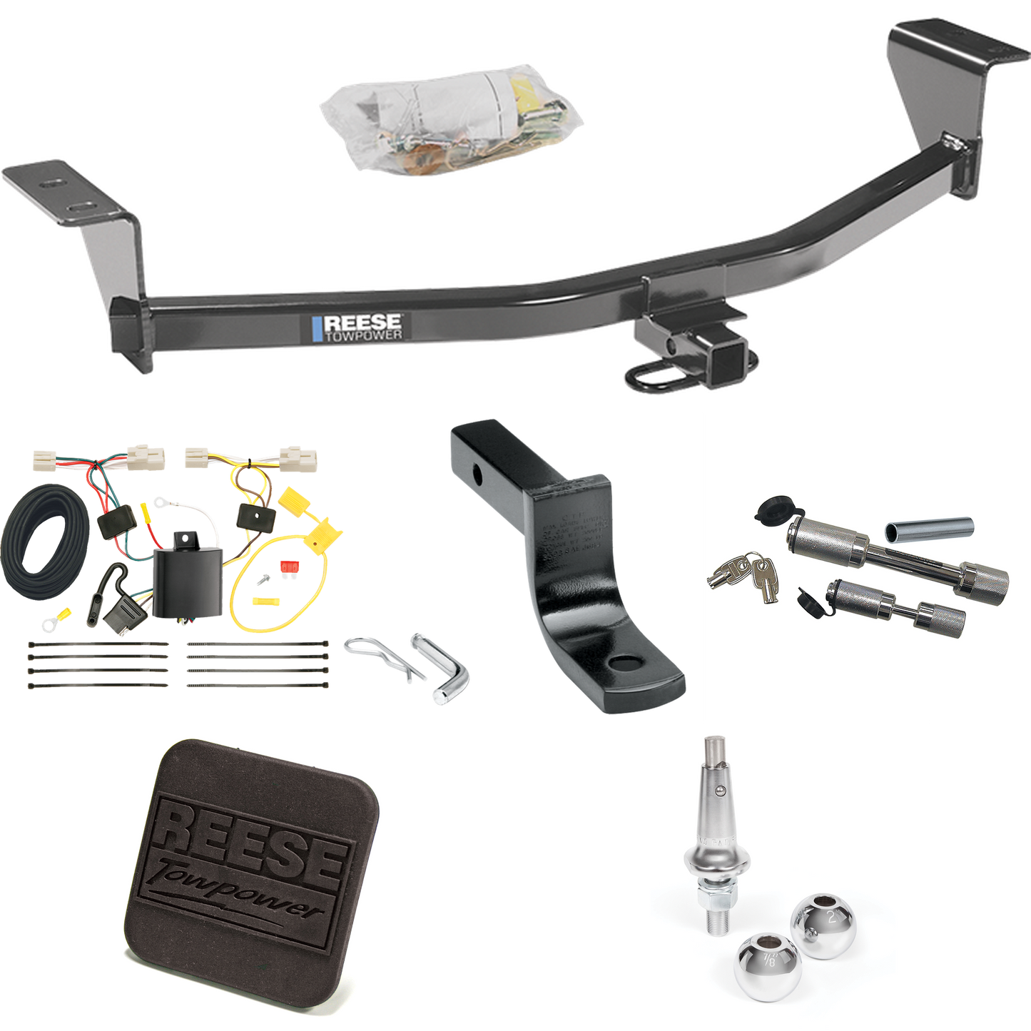 Fits 2011-2013 Scion tC Trailer Hitch Tow PKG w/ 4-Flat Wiring Harness + Draw-Bar + Interchangeable 1-7/8" & 2" Balls + Hitch Cover + Dual Hitch & Coupler Locks (Excludes: Release Series Models) By Reese Towpower