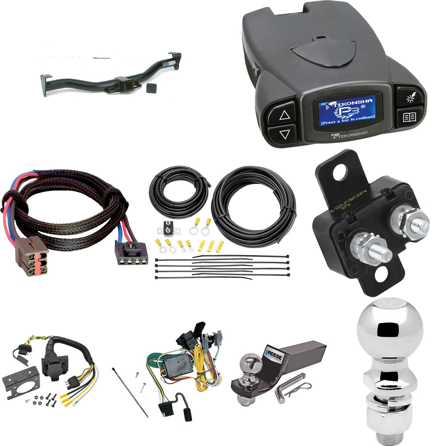 Se adapta al paquete de enganche de remolque Ford E-150 Econoline 1992-1994 con control de freno Tekonsha Prodigy P3 + adaptador BC Plug &amp; Play + cableado RV de 7 vías + soporte de bola y caída de 2" y 2-5/16" de Reese Towpower