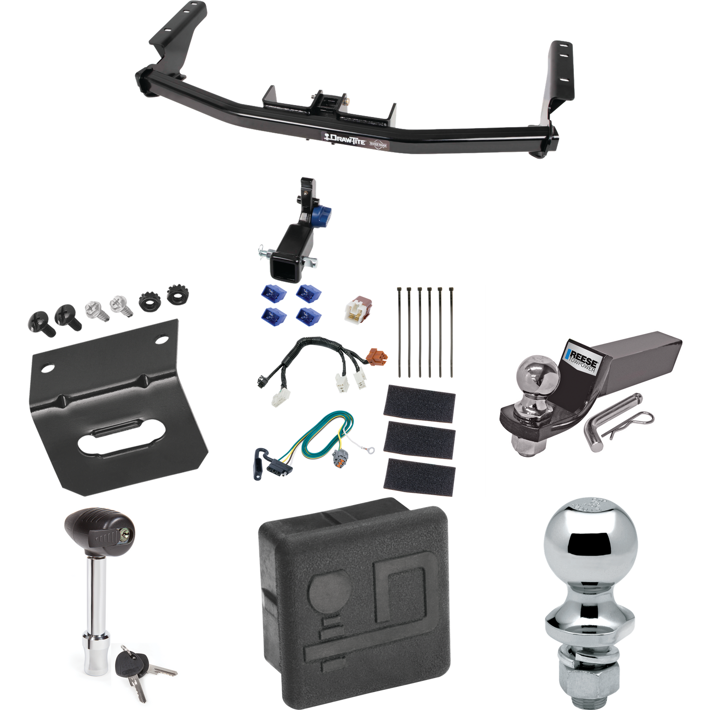 Fits 2013-2020 Nissan Pathfinder Trailer Hitch Tow PKG w/ 4-Flat Wiring + Starter Kit Ball Mount w/ 2" Drop & 2" Ball + 1-7/8" Ball + Wiring Bracket + Hitch Lock + Hitch Cover By Draw-Tite