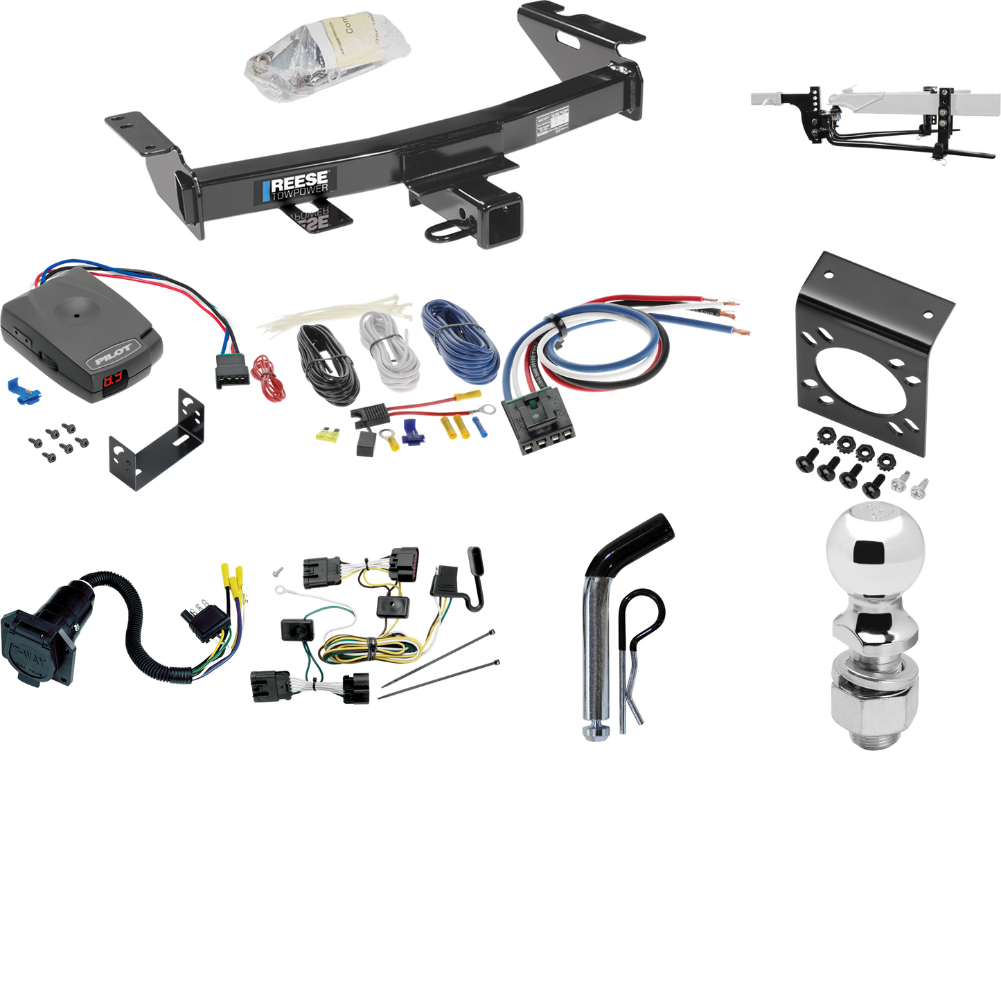 Fits 2005-2007 Saturn Relay Trailer Hitch Tow PKG w/ 6K Round Bar Weight Distribution Hitch w/ 2-5/16" Ball + 2" Ball + Pin/Clip + Pro Series Pilot Brake Control + Generic BC Wiring Adapter + 7-Way RV Wiring By Reese Towpower