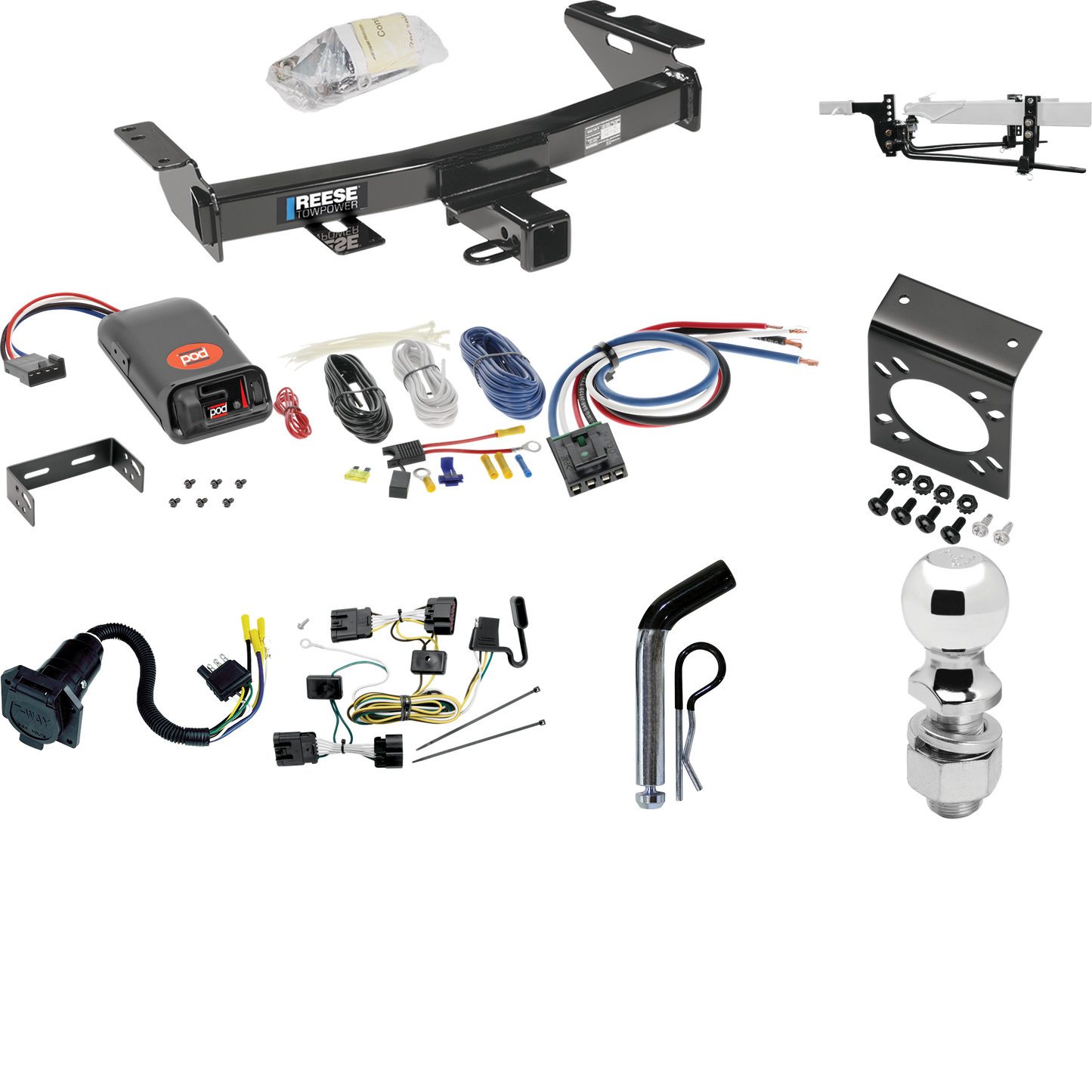 Fits 2005-2007 Buick Terraza Trailer Hitch Tow PKG w/ 6K Round Bar Weight Distribution Hitch w/ 2-5/16" Ball + 2" Ball + Pin/Clip + Pro Series POD Brake Control + Generic BC Wiring Adapter + 7-Way RV Wiring By Reese Towpower