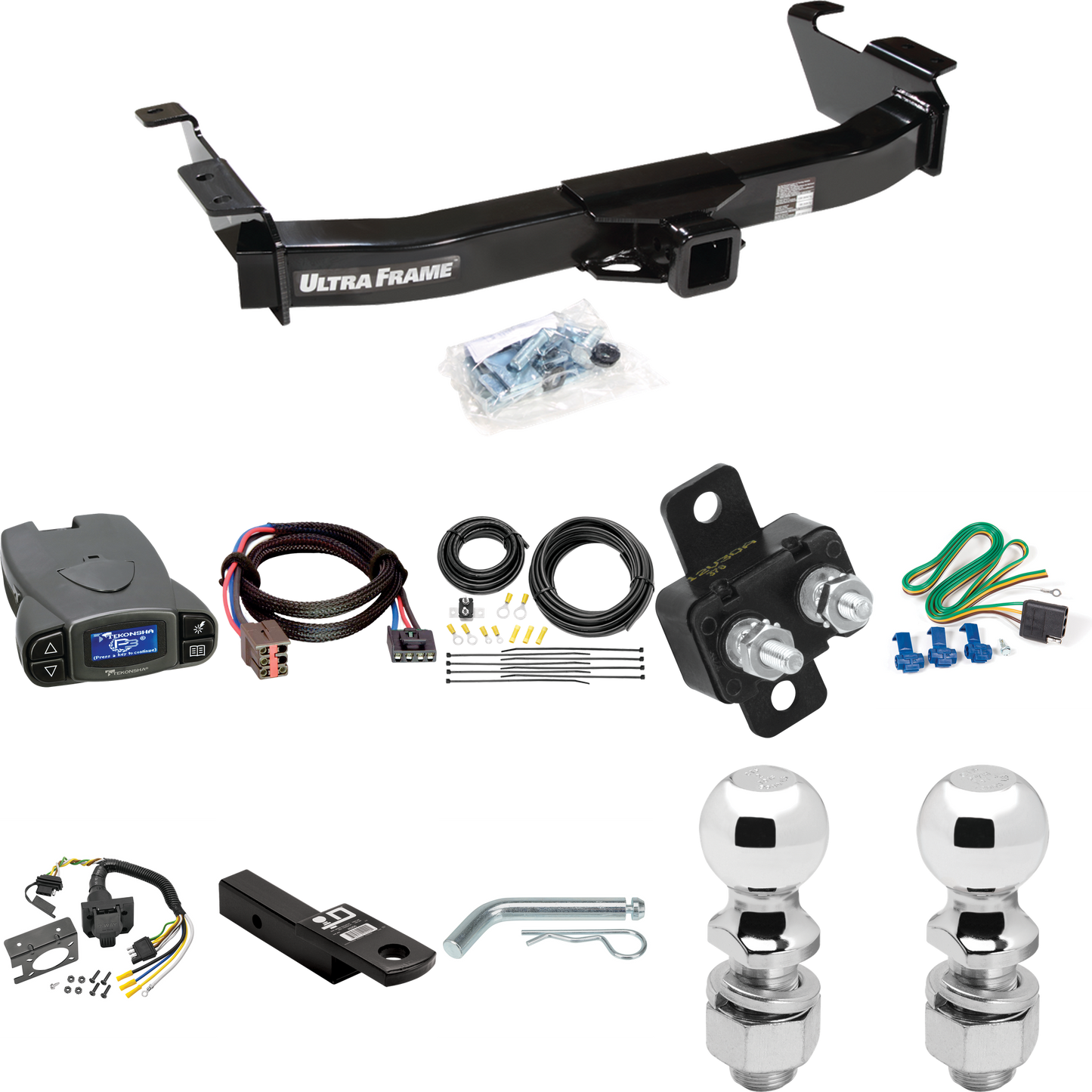 Se adapta al paquete de enganche de remolque Ford E-250 Econoline 2003-2007 con control de freno Tekonsha Prodigy P3 + adaptador BC Plug &amp; Play + cableado RV de 7 vías + soporte de bola y caída de 2" y 2-5/16" de Draw-Tite