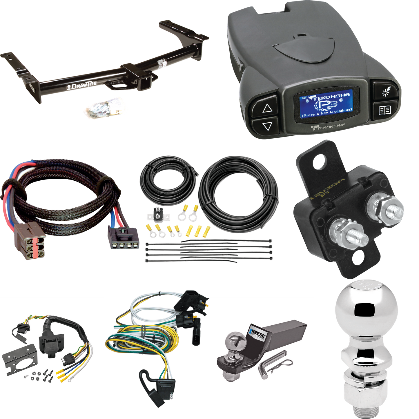 Se adapta al paquete de enganche de remolque Ford E-250 Econoline 1995-2002 con control de freno Tekonsha Prodigy P3 + adaptador BC Plug &amp; Play + cableado RV de 7 vías + soporte de bola y caída de 2" y 2-5/16" de Draw-Tite