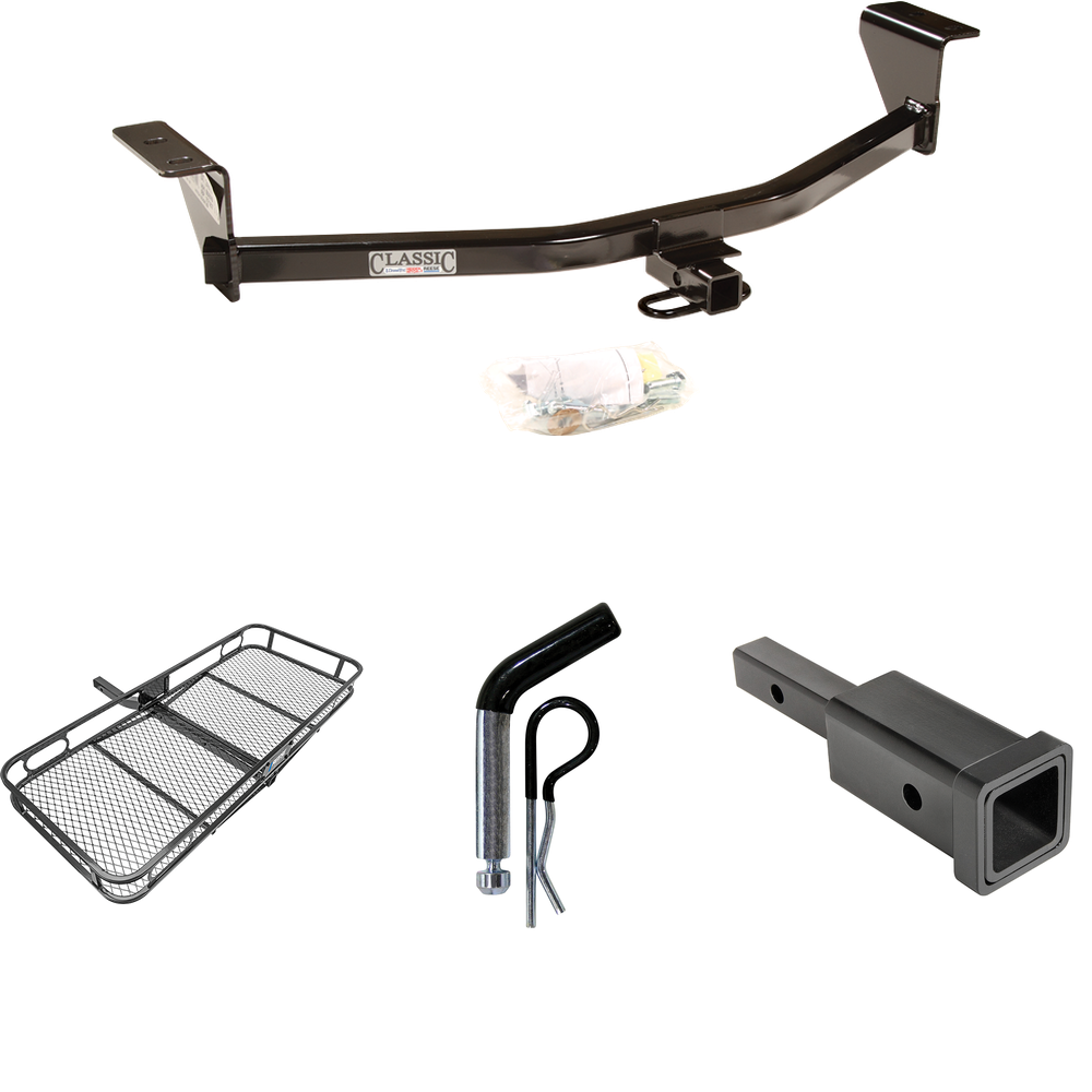 Fits 2011-2013 Scion tC Trailer Hitch Tow PKG w/ Hitch Adapter 1-1/4" to 2" Receiver + 1/2" Pin & Clip + 60" x 24" Cargo Carrier Rack (Excludes: Release Series Models) By Draw-Tite